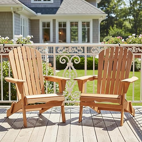 CHARMMA Outdoor Wooden Folding Adirondack Chair Set of 2 with Pre-Assembled BackRest, Wood Patio Chair for Garden Backyard Porch Pool Deck Firepit,