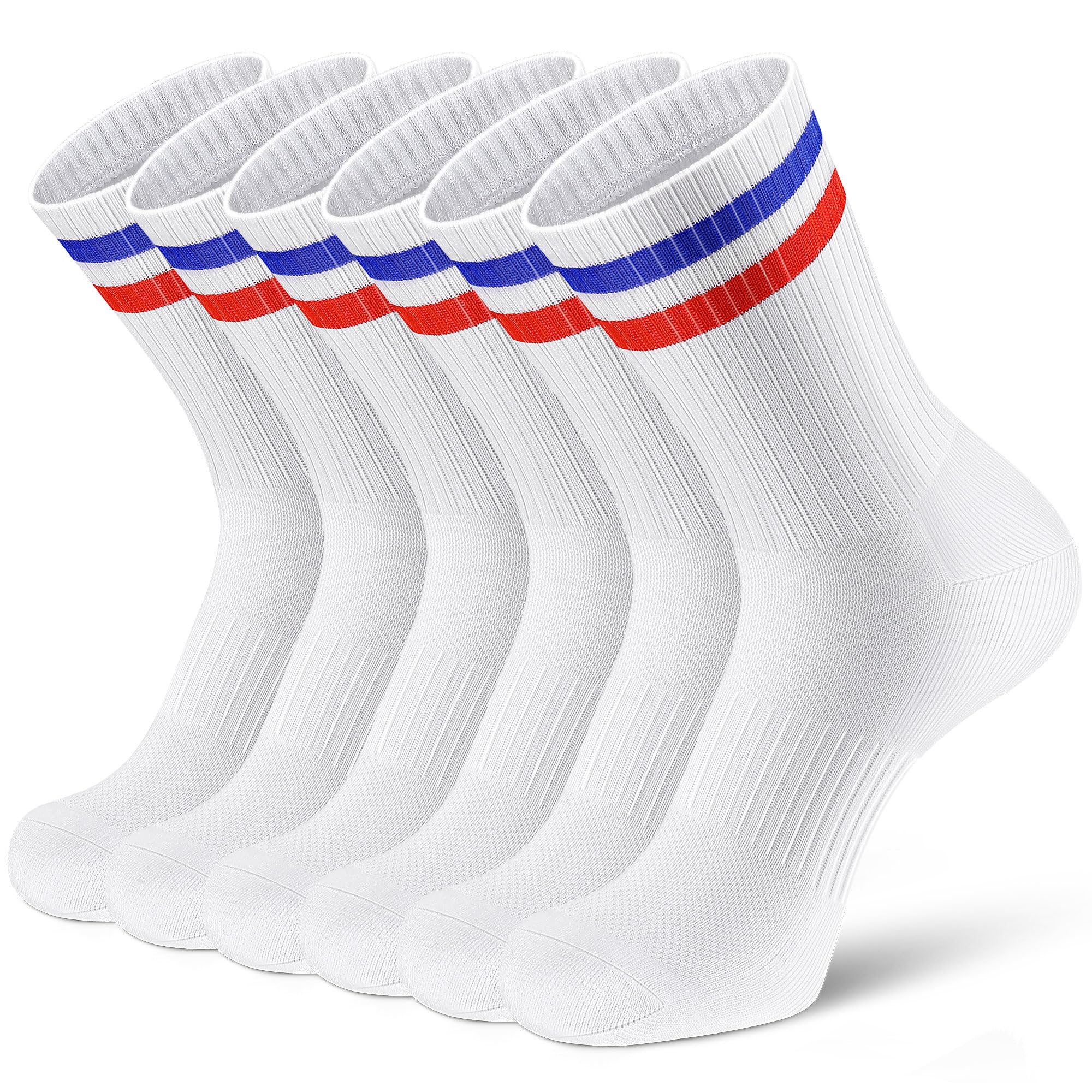Airacker Athletic Socks Sport Running Calf Socks for Men Women | Performance Cushioned Breathable Crew Socks(6 Pairs) 9-12 White With Blue Red Striped