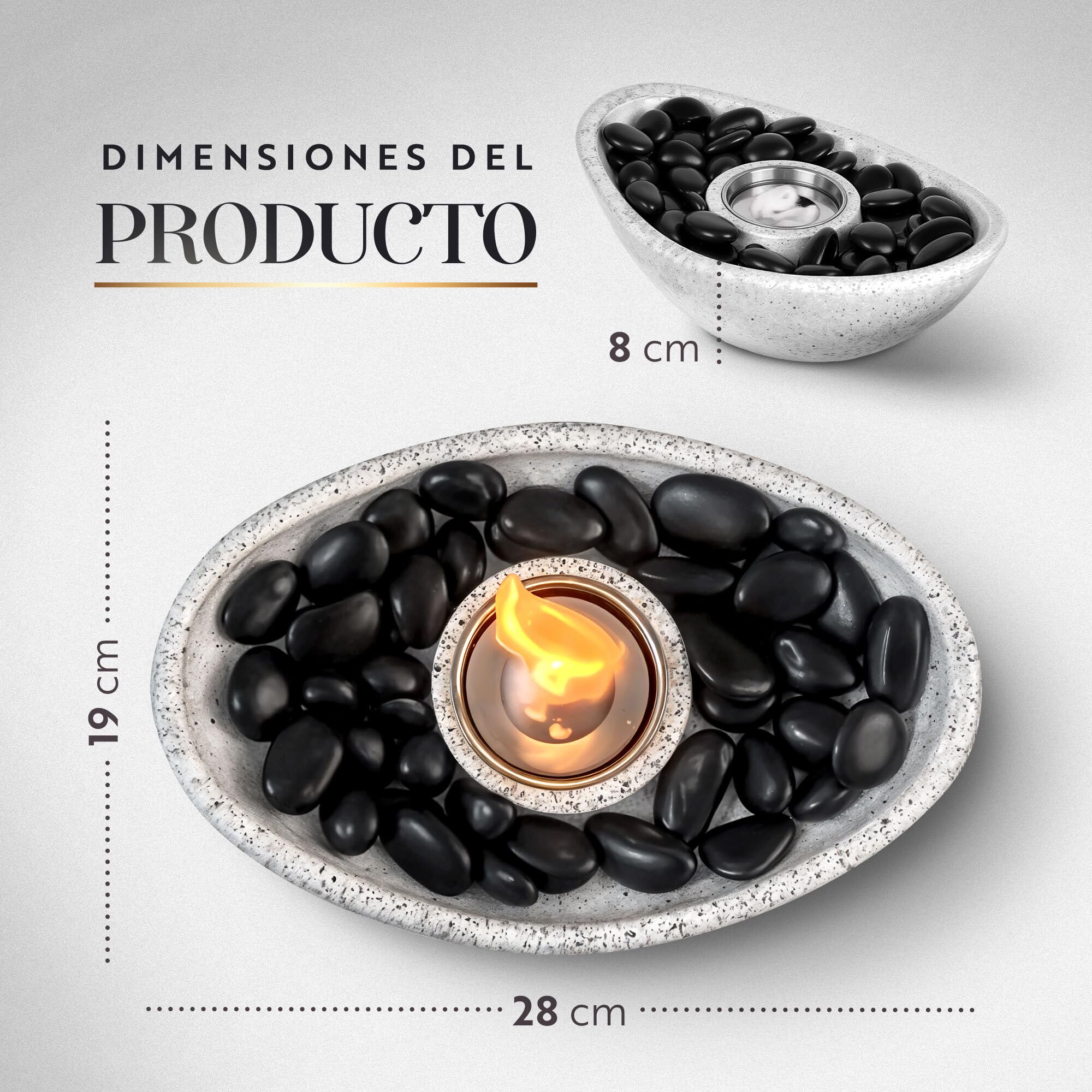Chimenea Bioetanol para Mesa Ovalada Gris - 28 x 19 x 8 cm con Bolsa y Piedras Decorativas - Estufa Interior