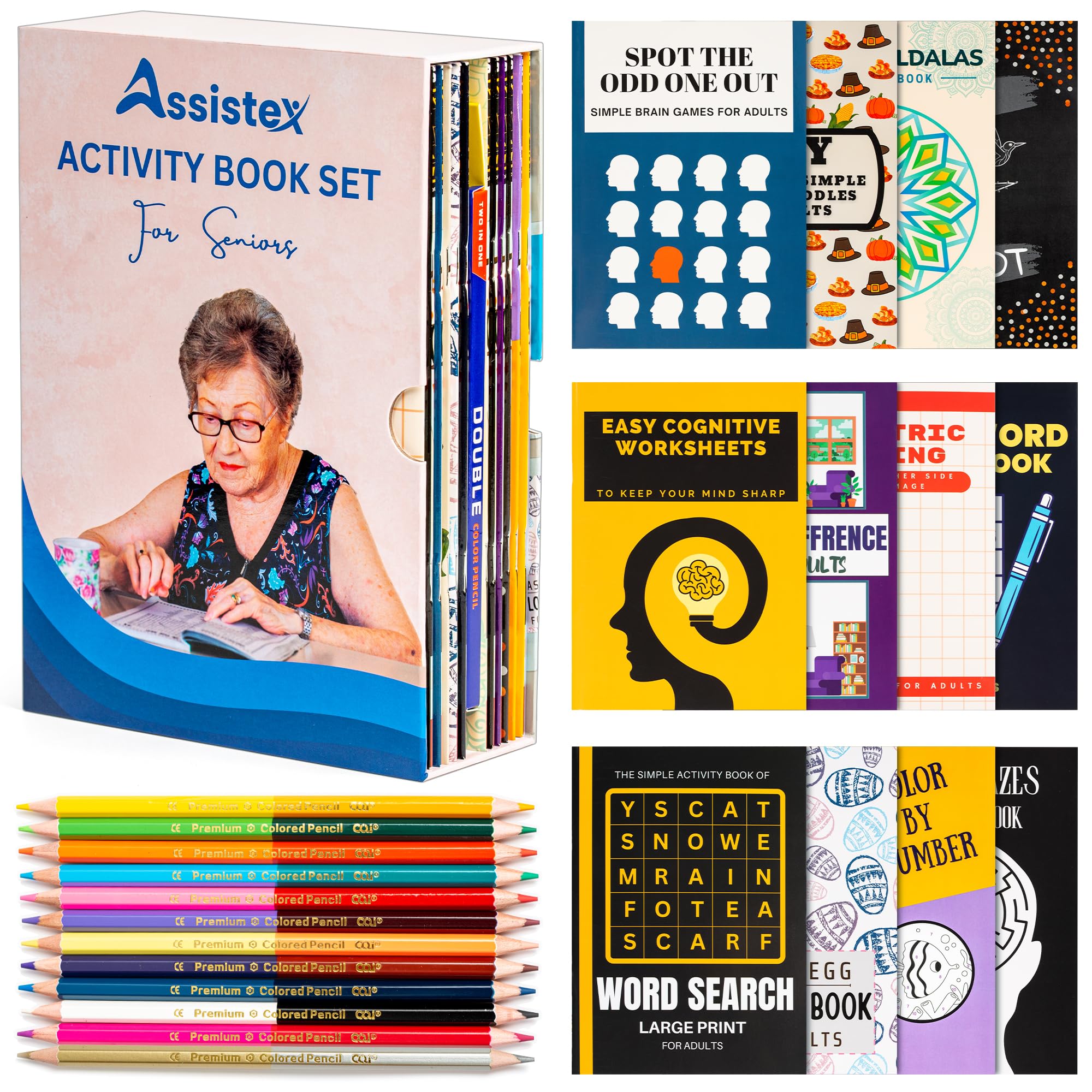 Assistex Large Print Activity Book Set for Seniors - Easy Activity Puzzle Book Set for Memory Loss - Fun and Engaging Word Puzzle Books for Dementia Patients and Elderly Adults 6.8' * 9.5'