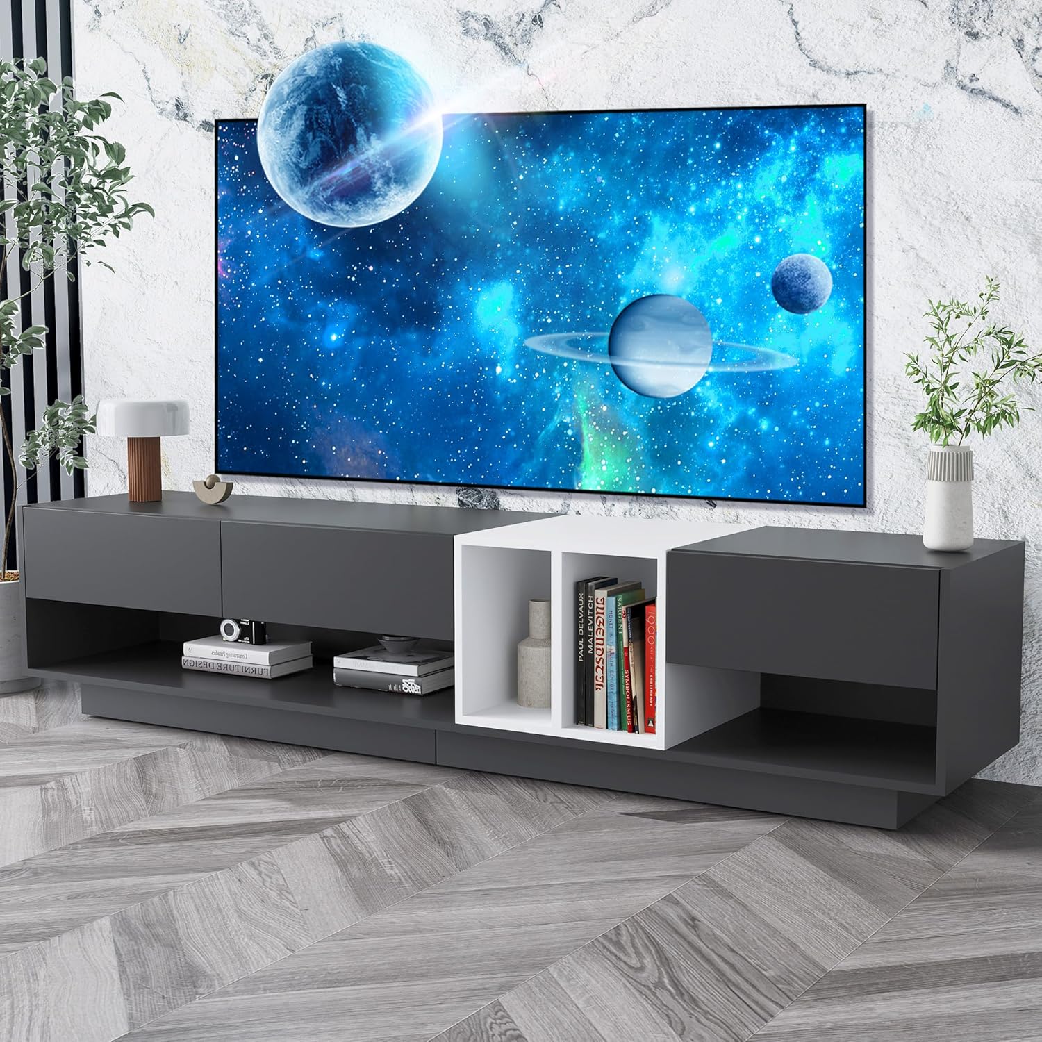 Modern TV Stand for 80 Inch TV, Long Entertainment Center with Drawers and Open Compartment, Contemporary TV Console for Living Room, Two-Tone Design, Black&White