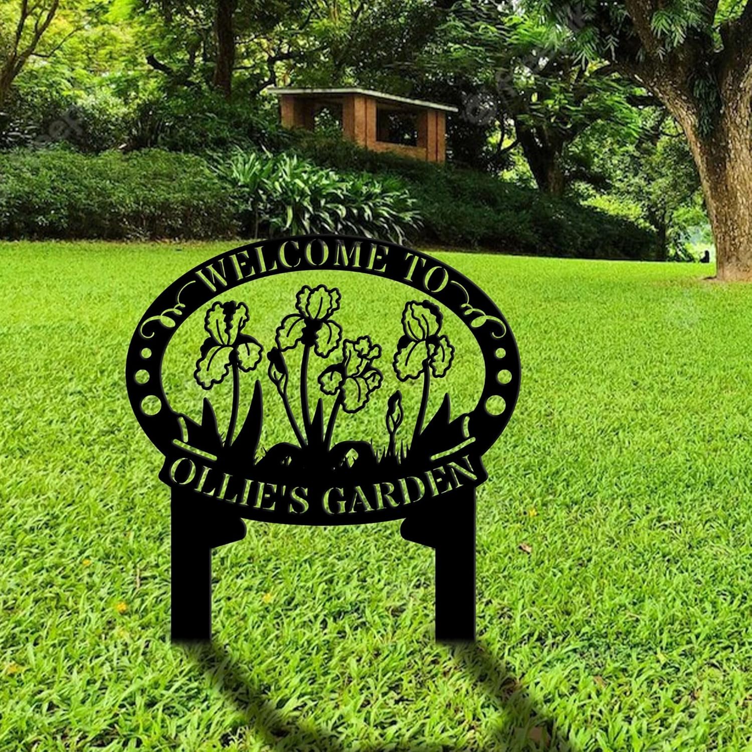 Personalized Irises Flower Garden Sign with Stake for The Great Outdoors, Custom Metal Plaque Stake Yard Signs with Stakes, Welcome Sign for Front Door