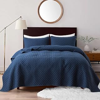 Navy Blue Queen Size Quilt Bedding Sets with Pillow Shams, Lightweight Soft Bedspread Coverlet, Quilted Blanket Thin Comforter Bed Cover for All Season Spring Summer, 3 Pieces, 90x90 inches