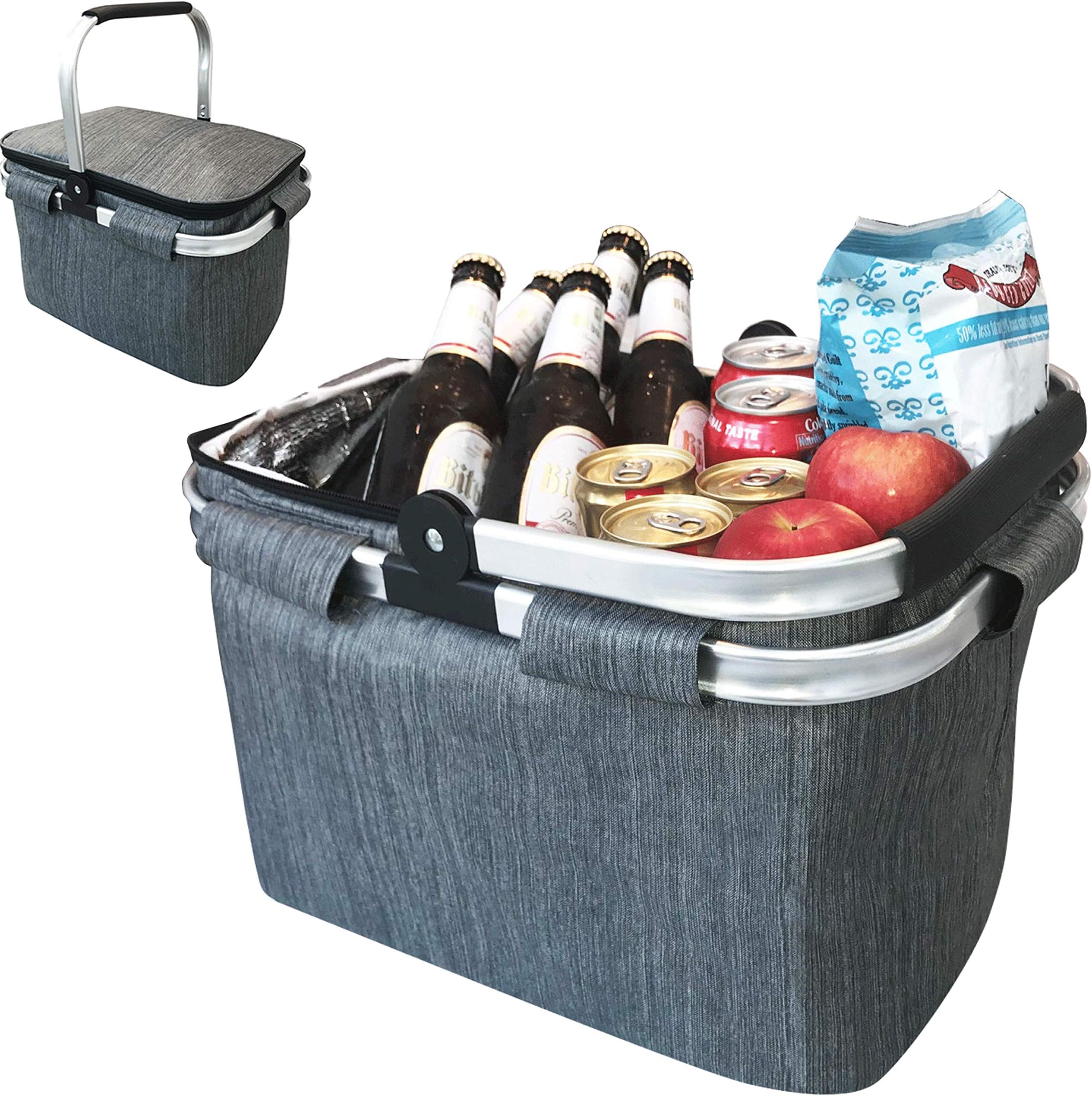 Large Insulated Picnic Basket Cooler | 7.7 Gal Capacity Leakproof Folding Collapsible Portable Market Basket Bag Set Aluminum Handles for Travel, Shopping and Camping | Keeps Wine, Food & Drinks