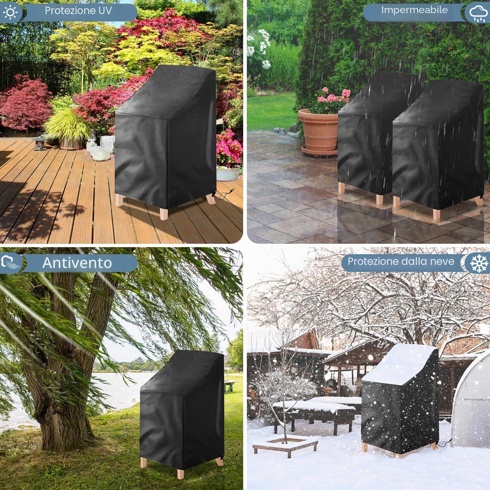 2 Pezzi Copertura Sedie Esterno Impermeabile, Copri Sedie da Giardino, Tessuto Oxford, Antivento, Anti-UV Coprisedie, Adatto per Sedie Da Giardino Impilabili - 64x64x70/120 cm