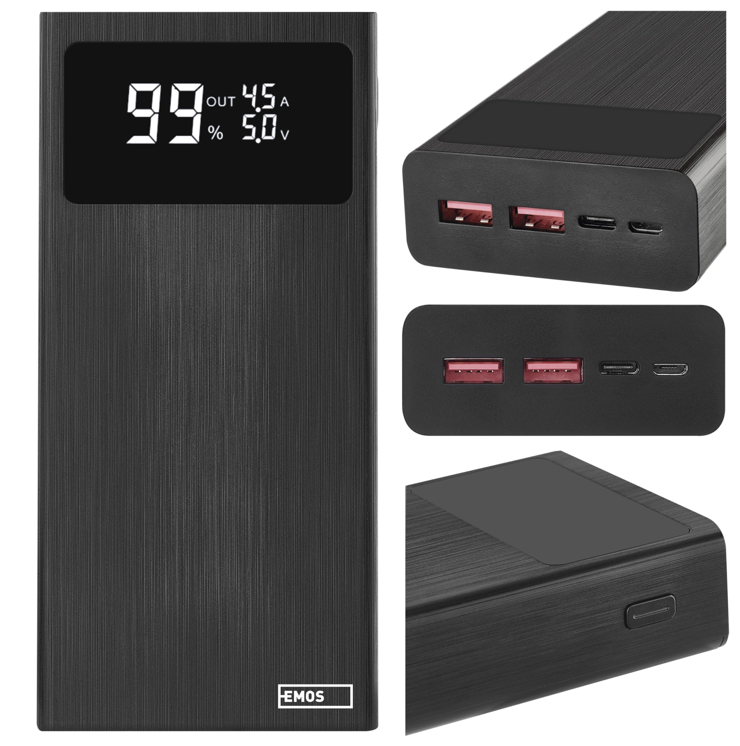 EMOS - Power Bank 20.000 mAh, ricarica rapida da 22,5 W, con display e pass-through, 3 uscite, per smartphone, tablet e dispositivi mobili, cavo USB-C incluso - Nero