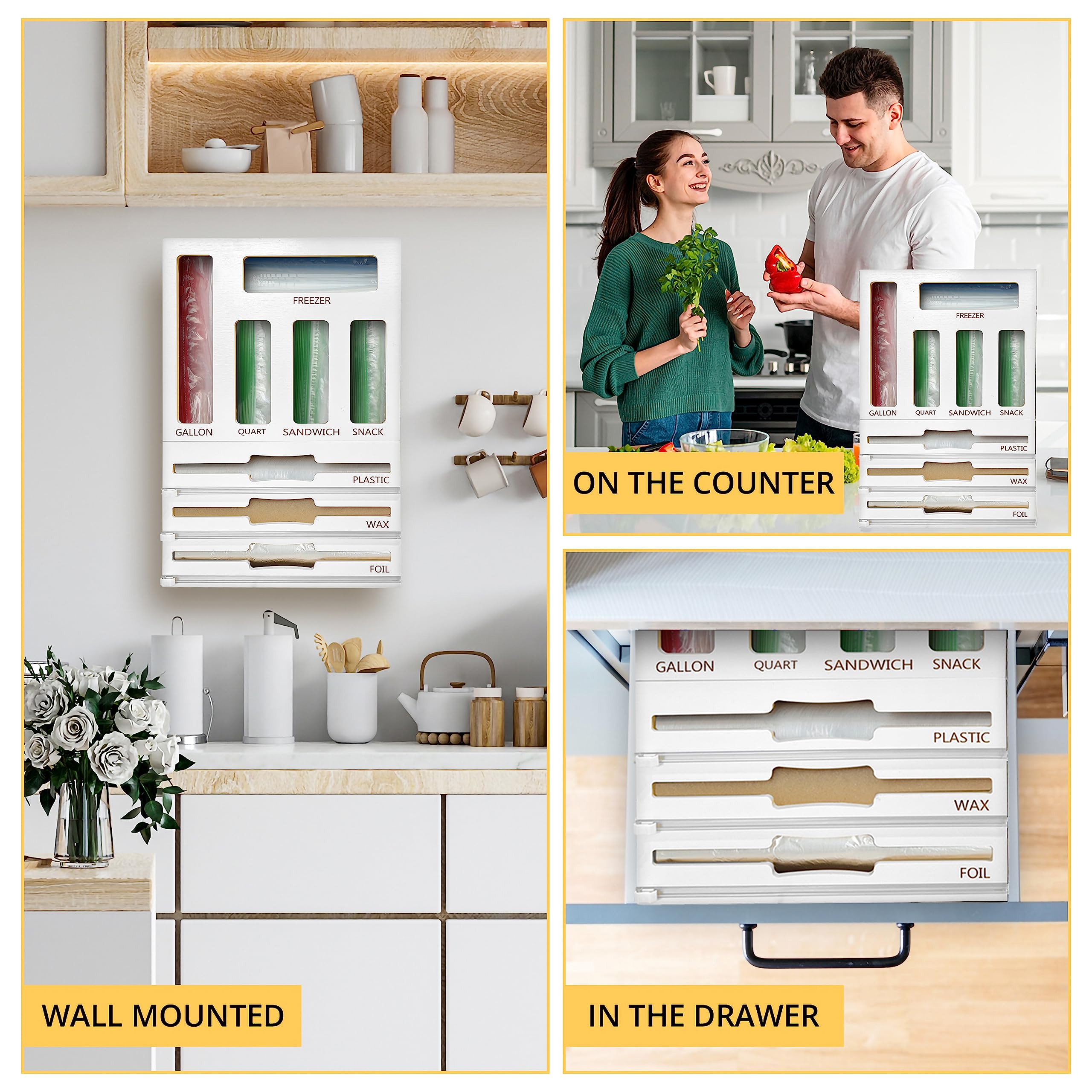 Chef's Haven Ziplock Bag Organizer with Cutter, Foil and Plastic Wrap Dispenser, 9 in 1 Bamboo Kitchen Organizer for Drawer, Pantry, & Countertop, Storage for Gallon, Quart, Sandwich, Snack Bags