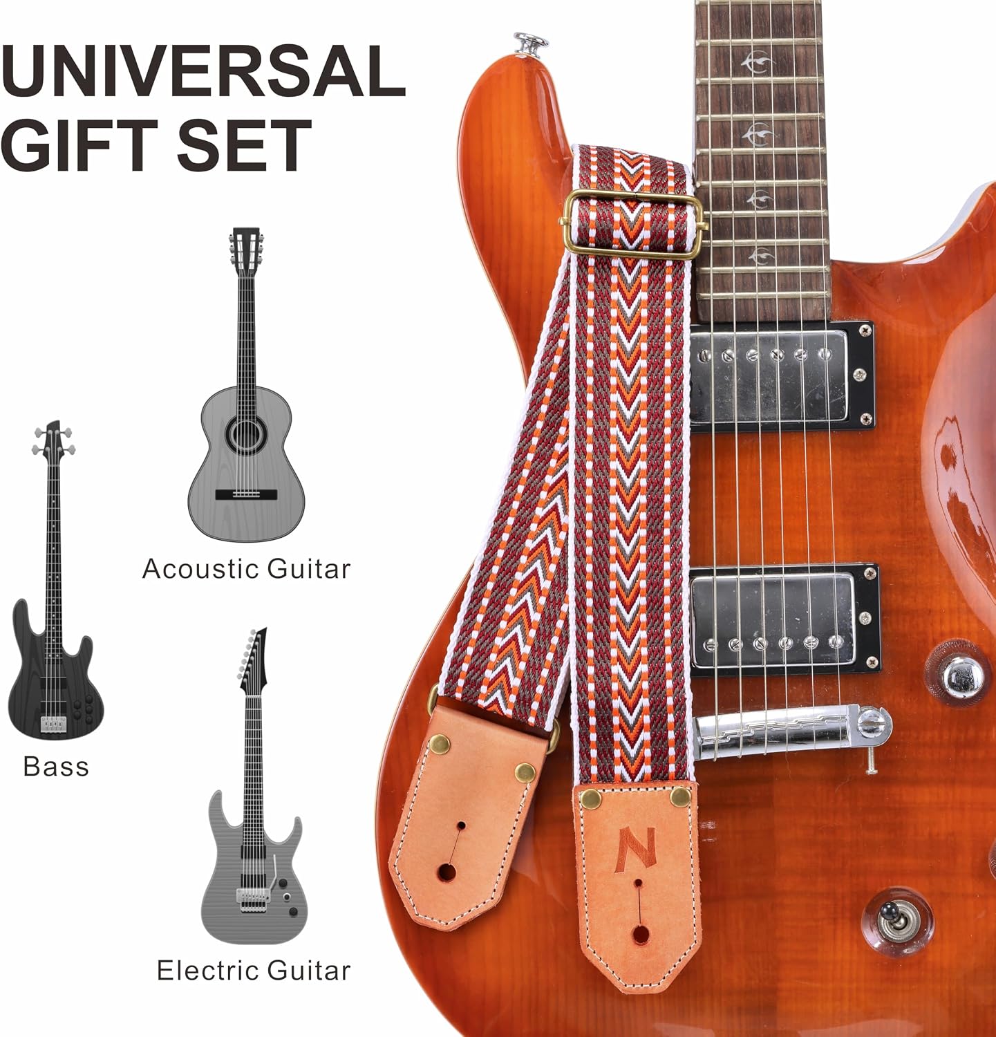  Woven Guitar Strap with Thicked First Layer Vegetable Tanned Cowhide Leather Ends for Acoustic, Bass, Electric thumbnail
