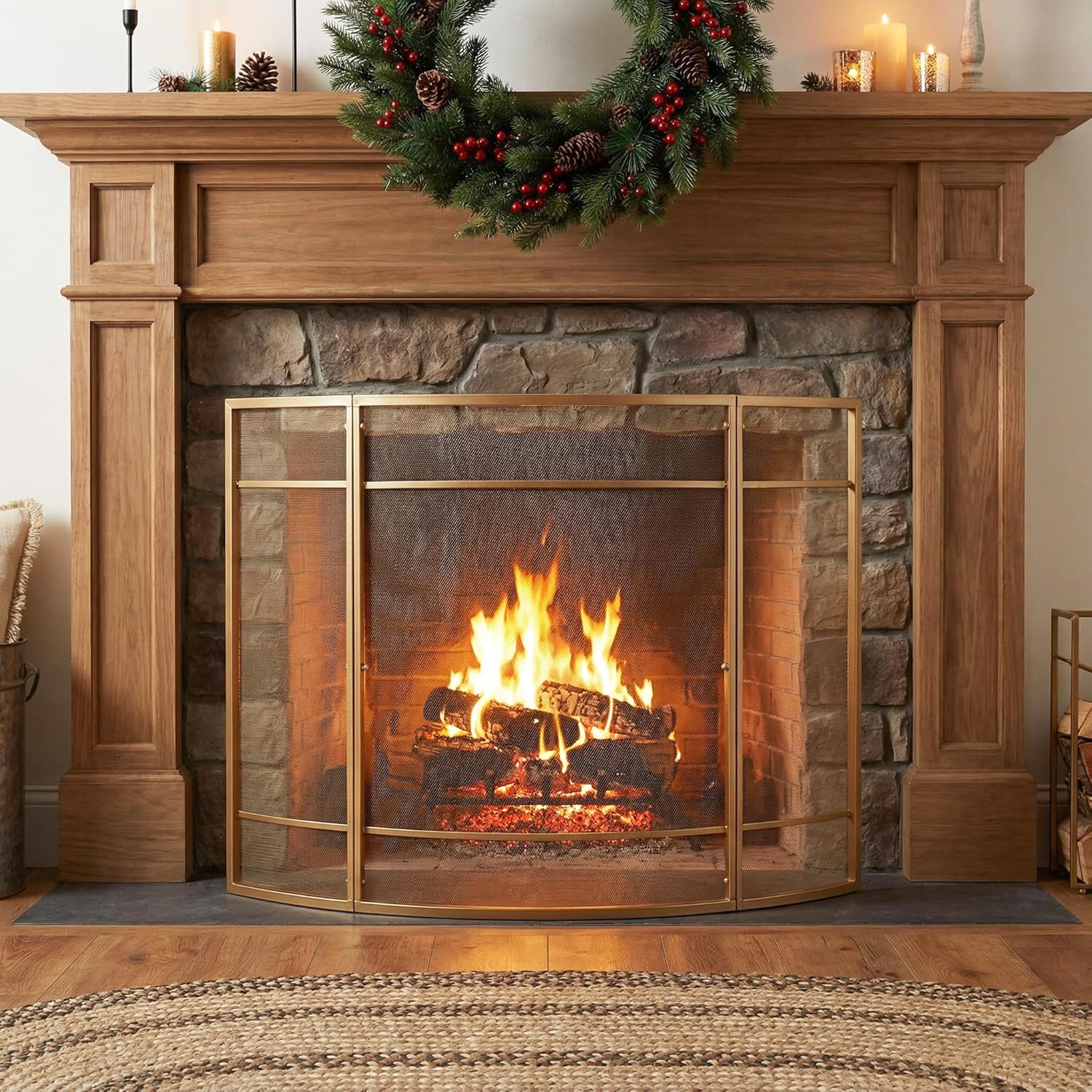 GOWE Regina 1-Panel Curve Iron Fireplace Screen 38" x 32", Golden Finish