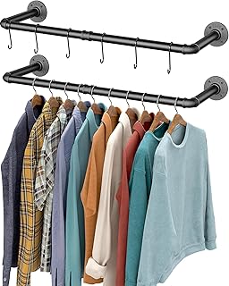 OROPY Industrial Pipe Clothes Bar Rack, Set of 2, 92cm Wall Mounted Detachable Retro Metal Garment Hanging Storage Rail (Double Base)
