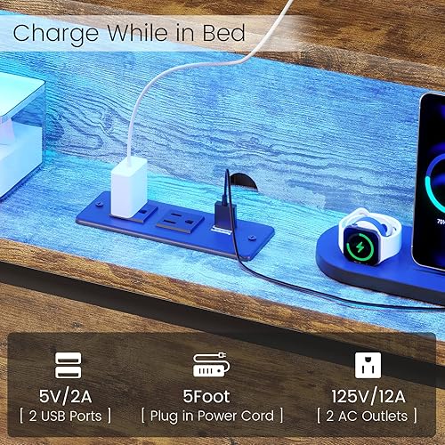 Miniatura 5 de BTHFST Base de cama LED Queen con cabecera de almacenamiento puertos USB y tomas de carga plataforma de metal con cajones de almacenamiento no