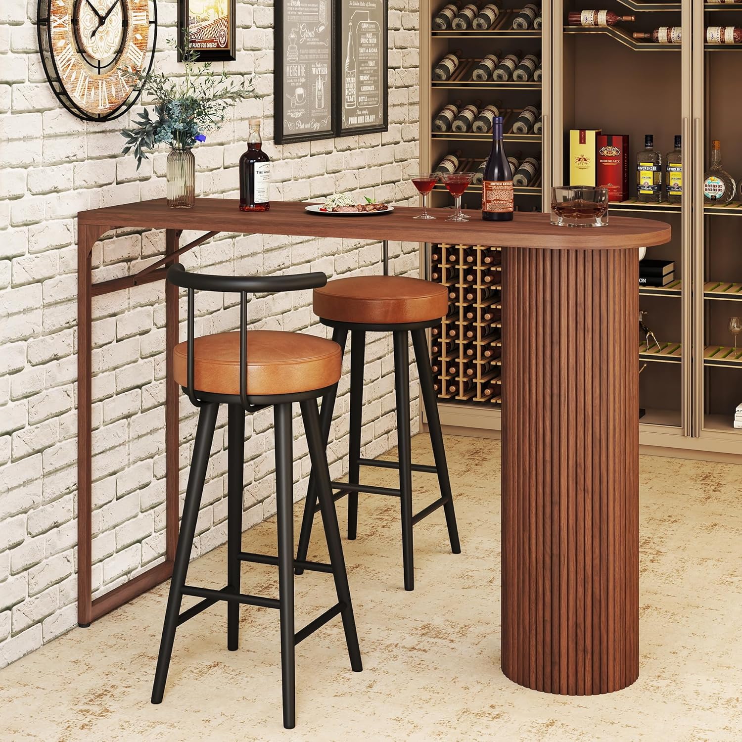 55-Inch Bar Table, Farmhouse Long Counter Height Pub Table, Industrial Fluted Oval Bar Table, Bar Height Table for Kitchen, Dining Room, Walnut