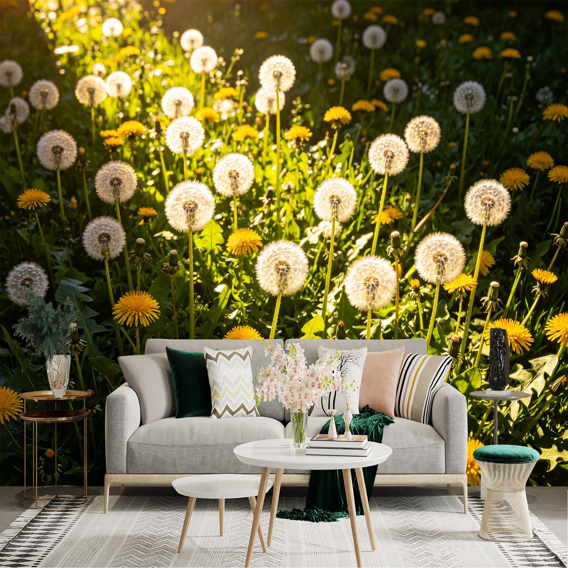 Lnzczhyre Dbh260521296 Custom Size Wall Sticker Mural， Fluffy White Dandelion Seeds， Vibrant Yellow Spring Flowers， Sunlit Meadow Landscape， Botanical Nature Garden， For Wall Decoration， Peelandstick Wall Decals.