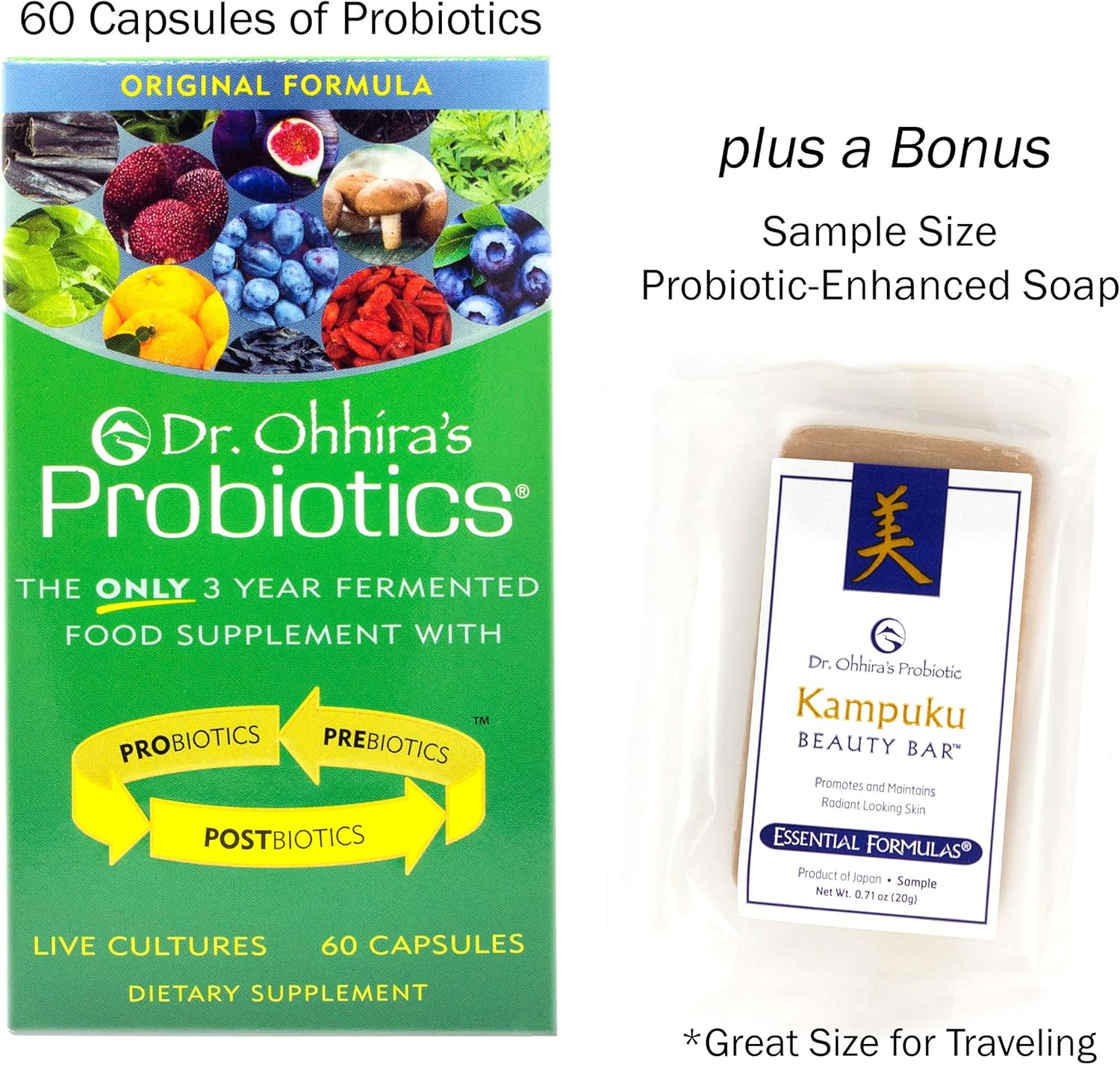 Dr. Ohhira's Probiotics Original Formula, 60 Capsules with Sample Size Kampuku Beauty Bar Soap 20g : Health & Household