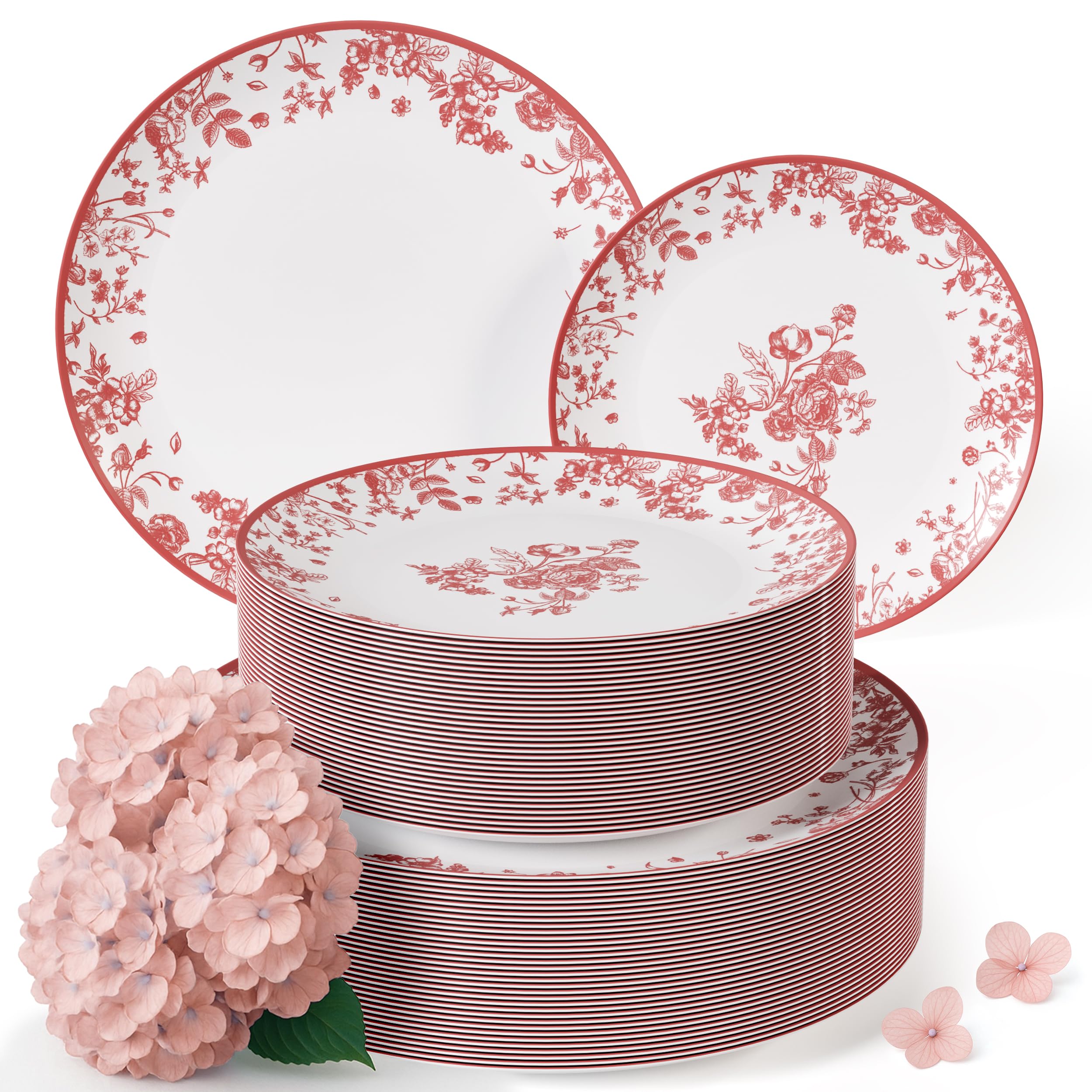 Trendables Disposable Plates For Party Supplies | Pink Floral Plastic Plates For Wedding 40 Pcs - 20 X 8 & 20 X 10 Dinner Plate Sets | Floral Plate