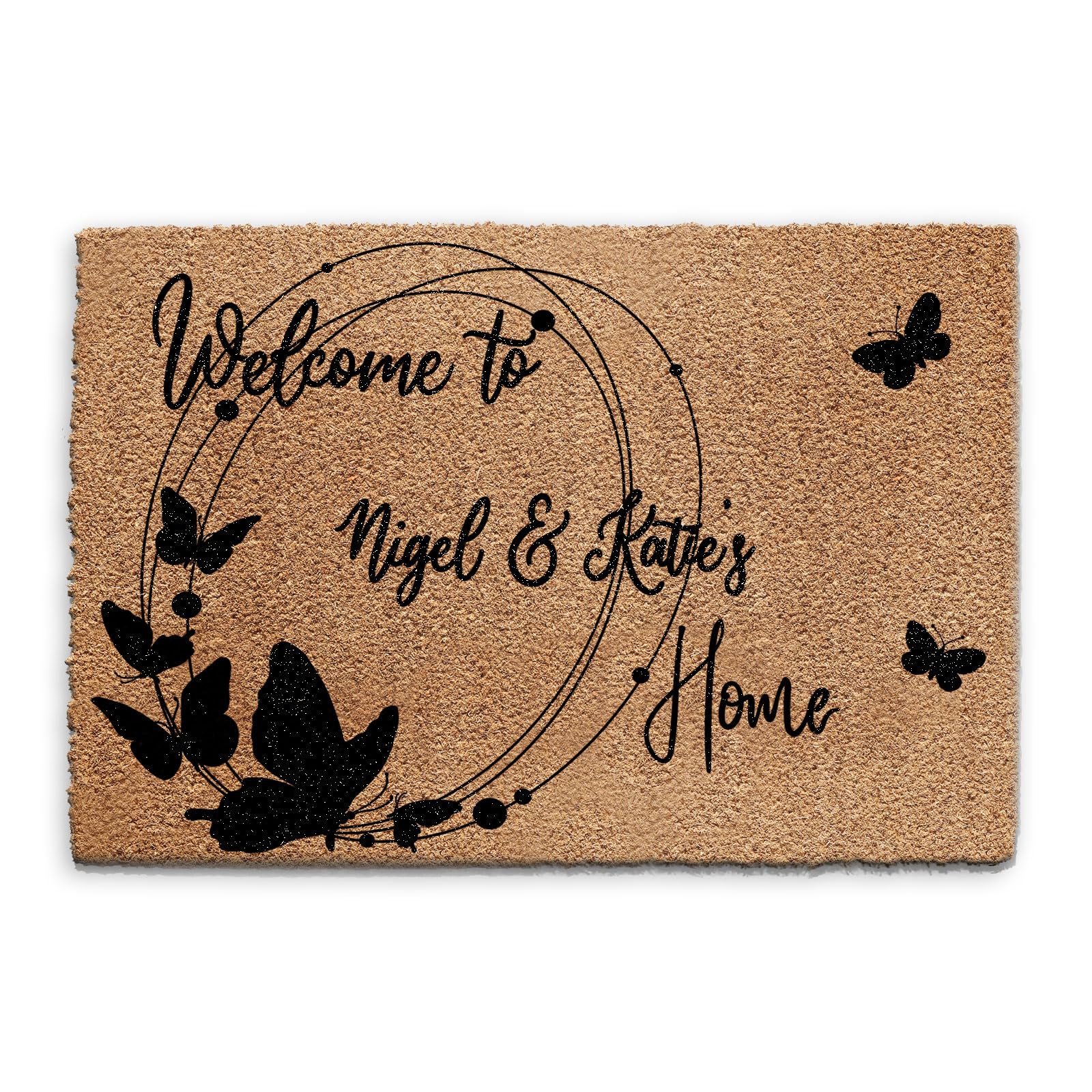 Hairyworm Personalised Doormat (40cm x 60cm) Small, Customise with House Name, Butterfly Flower Entrance Door Mat, Coconut Core Fibre Heavy Duty Mat, Rug, Coir Regular Door Mat โ image 1