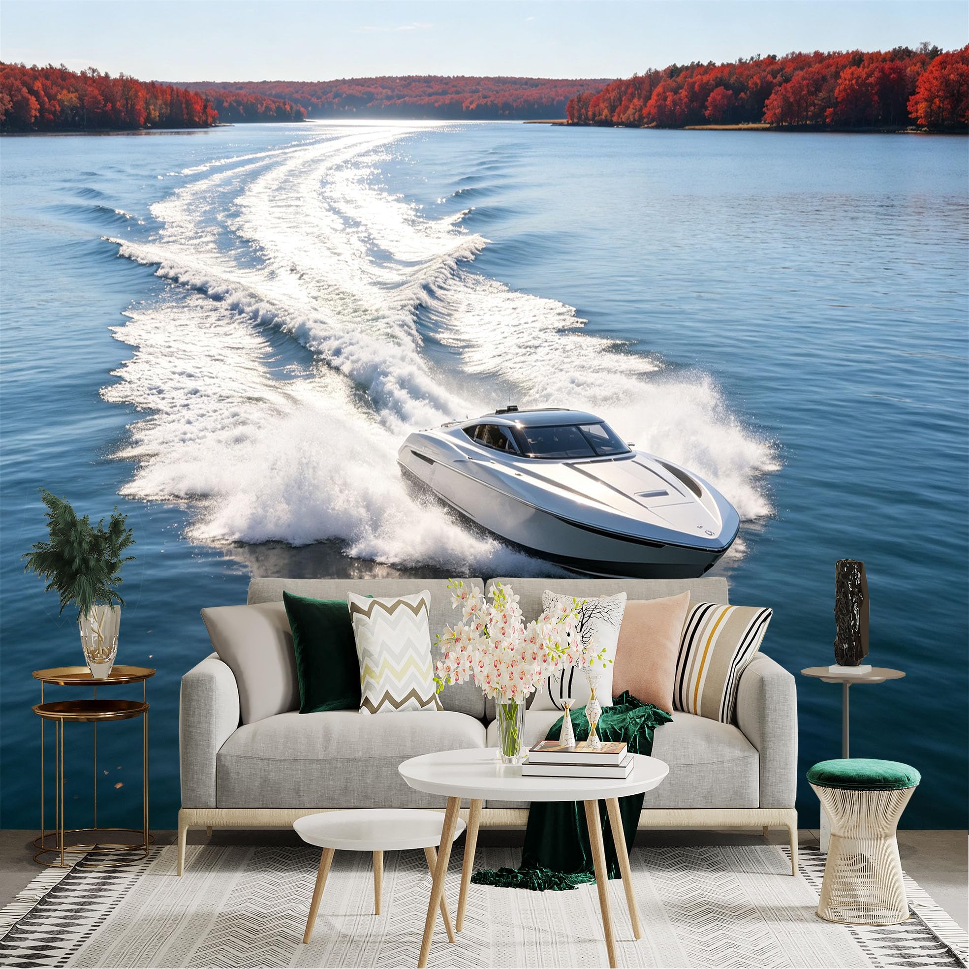 Custom Size Wall Sticker Mural， Modern Speedboat on Calm Lake， Autumn Forest Scenery， Water Ripples， Luxury Marine Travel， for wall Decoration， peelandstick wall Decals.