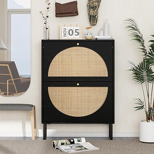 Miniatura 3 de Goujxcy Zapatero bohemio de ratán con 2 cajones abatibles, soporte delgado de almacenamiento de zapatos para tacones, botas, pantuflas, organizador