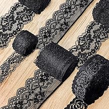 4 Rolls Lace Ribbons Black Lace Fabric Black Lace Ribbon Black Flowers Lace Ribbon Stretch Floral Pattern Lace Ribbon Vintage Lace for Gift Wrapping Valentine's Day Crafts Wedding