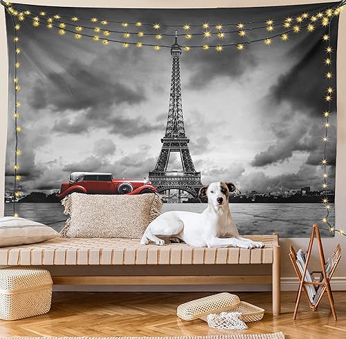 Miniatura 8 de Ambesonne Tapiz de la Torre Eiffel, tamaño Queen, imagen de la Torre Eiffel, París, Francia, coche vintage, calle, nubes oscuras, colcha colgante de
