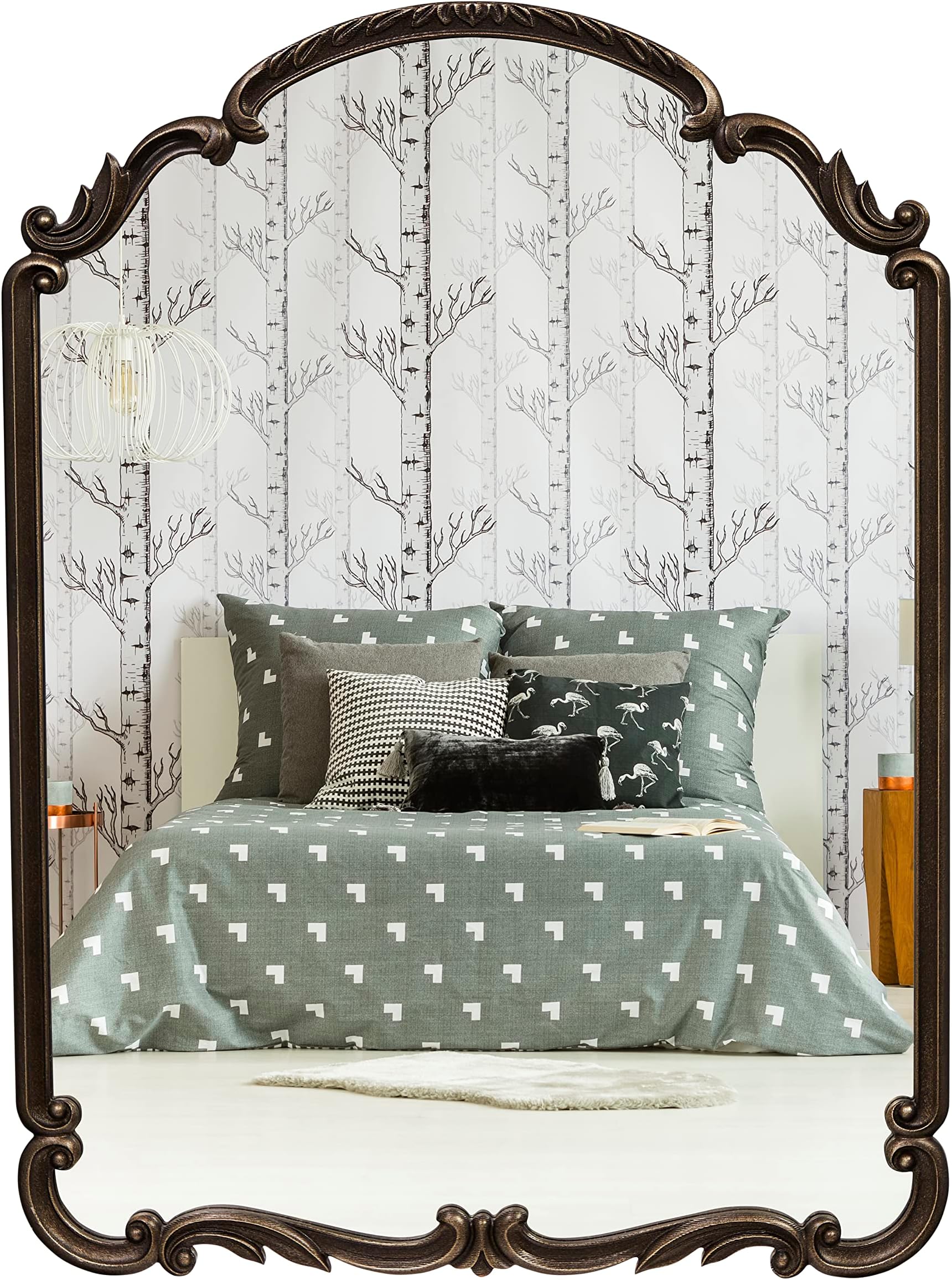 Wylde Iris English Estate Carved Arch Wood Wall Mirror, Mirror for Entryway, Living Room, Bathroom, Antique Black, 22x30