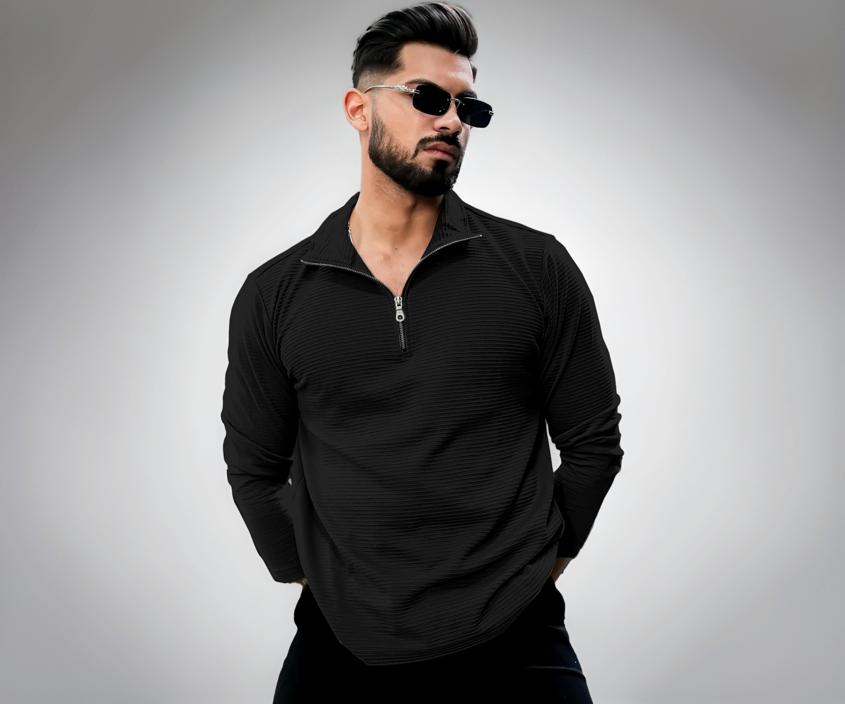 KAJARU Men's Quarter Zip Pullover T-Shirt, Textured Ribbed Long