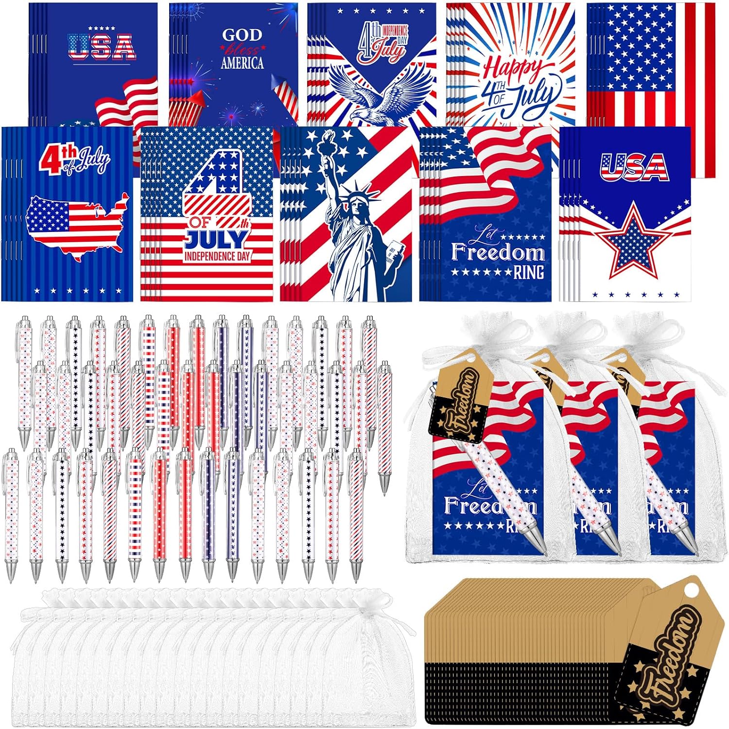 Qeeenar 200 Pcs 4th of July Party Favors Gift Bulk Sets Include American Flag Notebooks Red White Blue Ballpoint Pens Freedom Tags Organza Bags for Memorial Day Independence Day Office Party Supplies