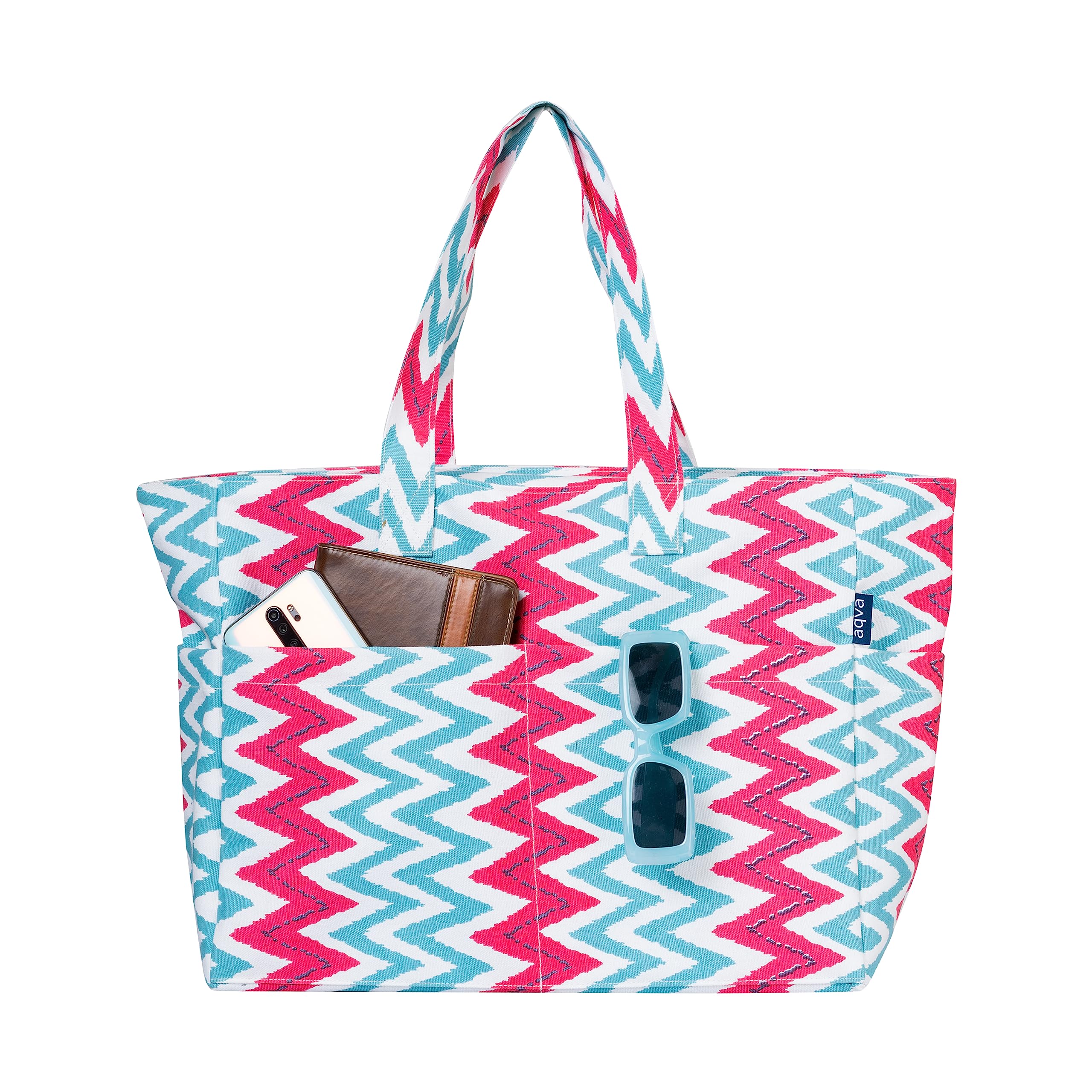 AQVA Striped Beach/Pool Cotton Tote Bag for Women with 4 Outer Pockets | Large Capacity | Stylish Multipurpose Handbag | Resuable Shoulder Bag for for Office, Travel, Beach & Work (Kraft) (B0C94DGNQW) Amazon Price History, Amazon Price Tracker