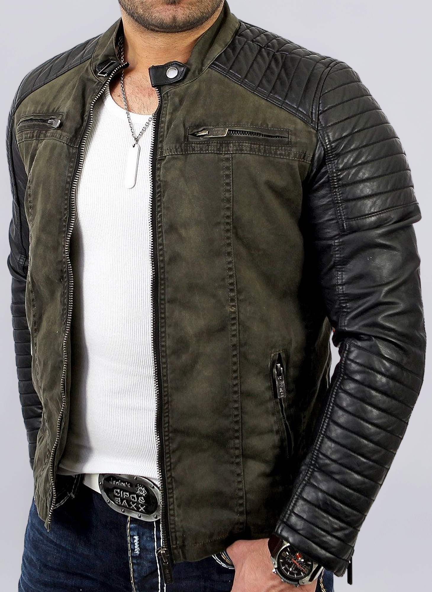 Men's Jacket Slim-Fit Casual Faux Leather Cotton Biker Modern Coats
