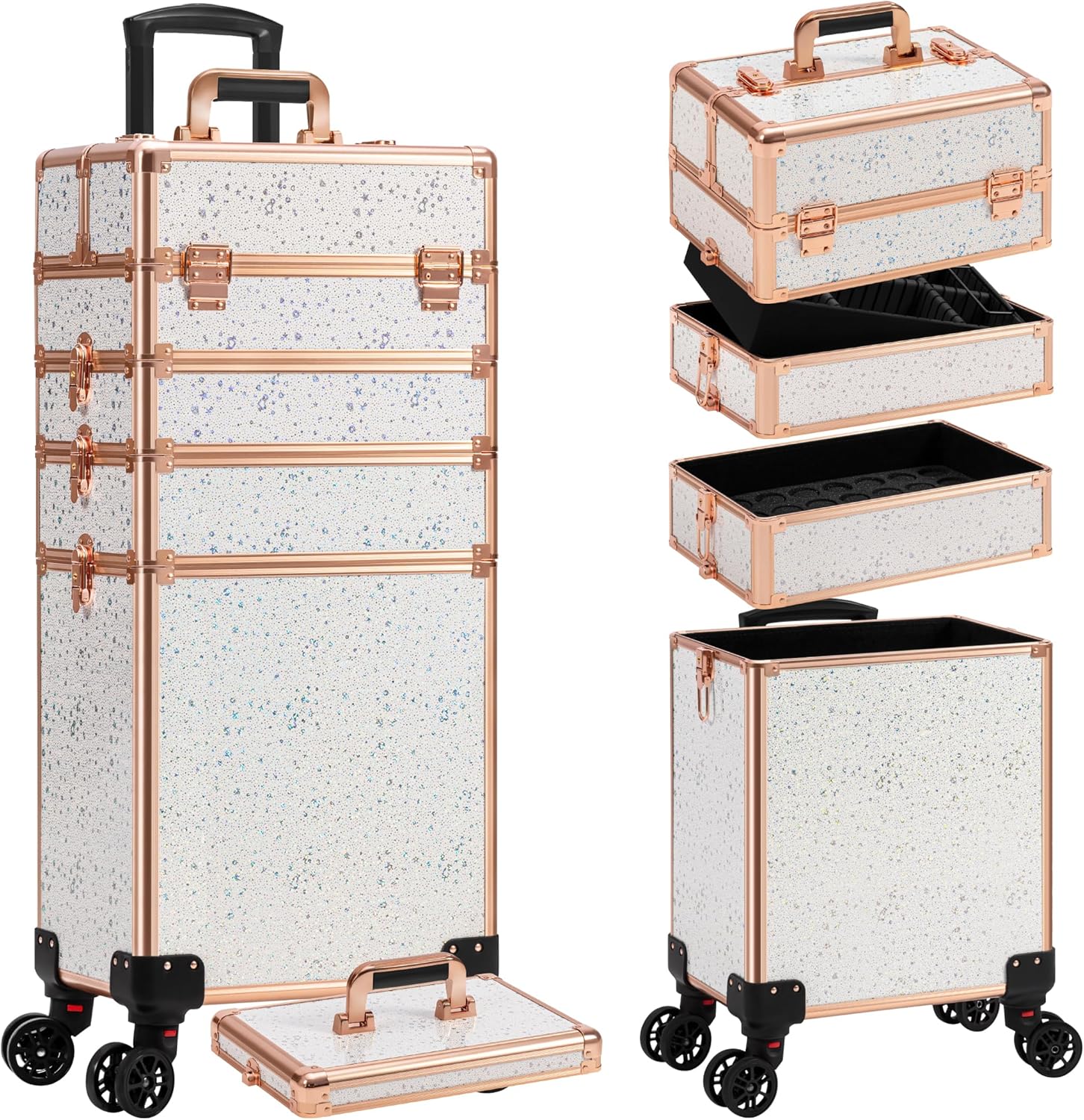 AROUS Rolling Makeup Train Case 5 in 1 Cosmetology Case on Wheels Large Cosmetic Organizer Travel Cart for Hairstylist Artist Nail Beauty Salon Barber,White