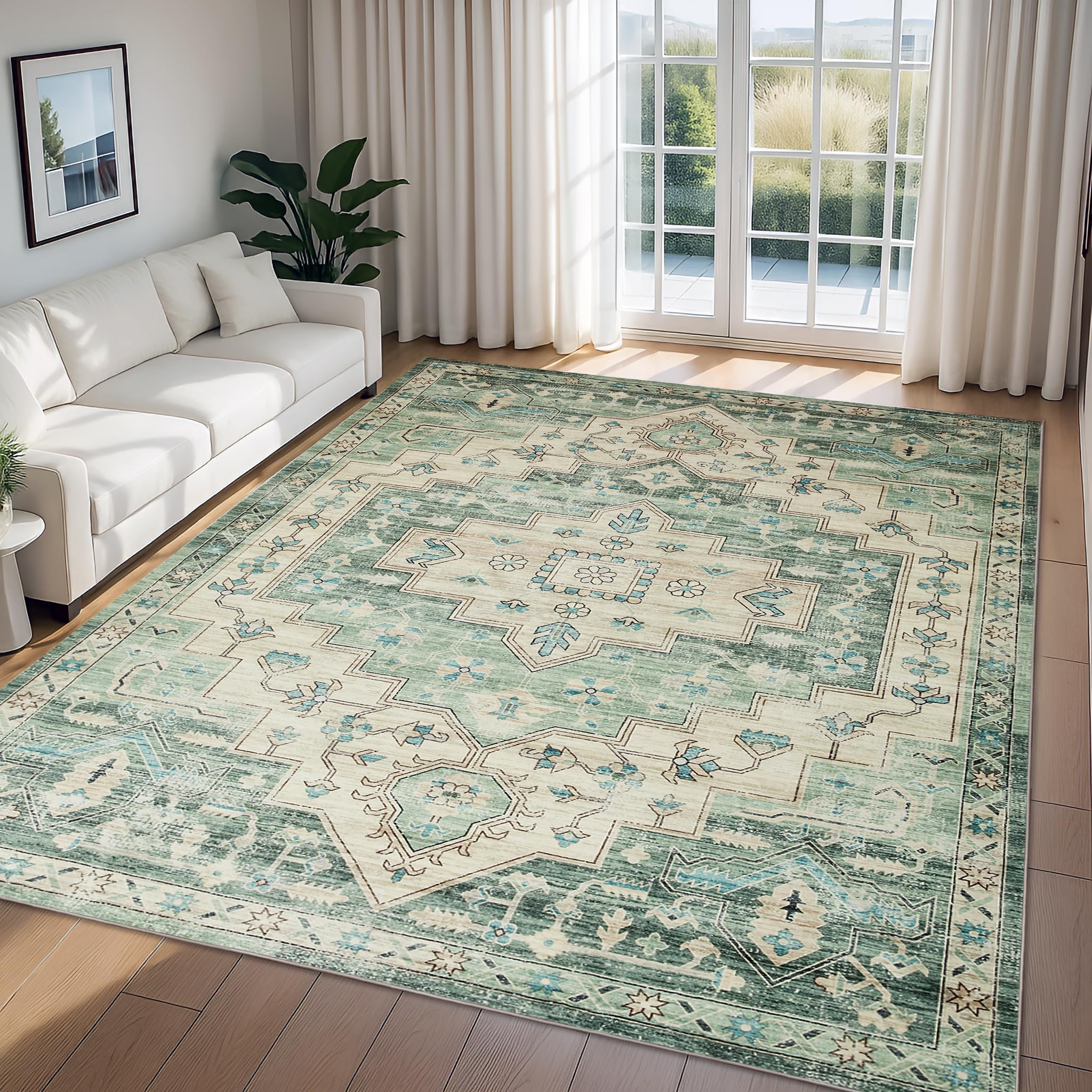 Imperial Rooms Rugs Living Room 120 x 170 cm Large Vintage Green Area Rugs for Bedroom Machine Washable Non Slip Carpet for Kids Room Soft Vintage Design Short Pile Boho Rug, Ember