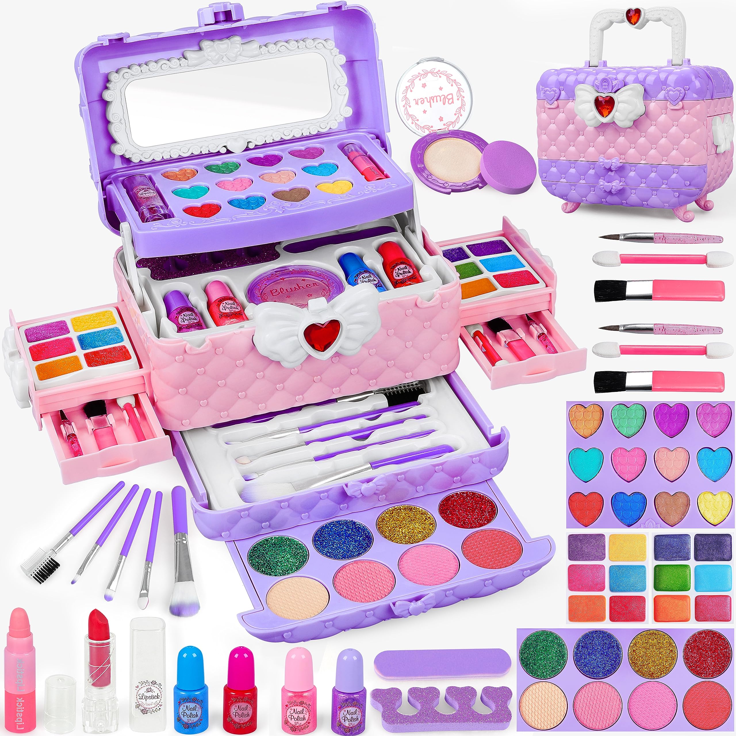 Dpai 10 Pcs Kids Makeup Kit for Girls, Princess Real Washable Pretend Play Cosmetic Set Toys with Mirror, Non-Toxic & Safe, Birthday Gifts for 3 4 5 6 7 8 9 11 Years Old Girls Kids (Purple)
