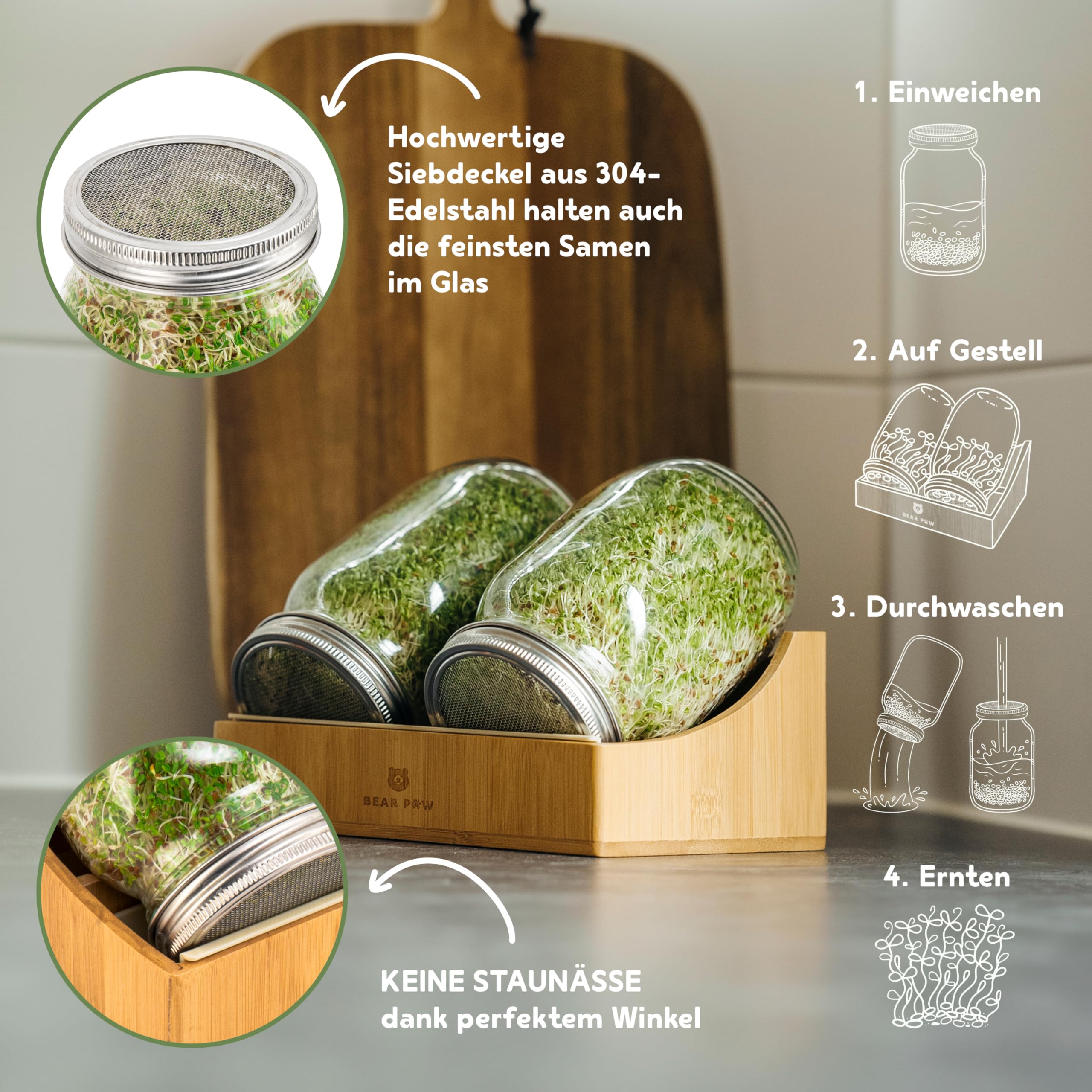 BEAR PAW® Sprossenglas 2er Set - 1000ml Keimglas für Sprossen Keimlinge - (inkl. Bambushalterung, Abdunklungshüllen, Gratis Videokurs, Sprossenbuch) - Sprossenglas Keimglas Set - Sprossen Keimgerät