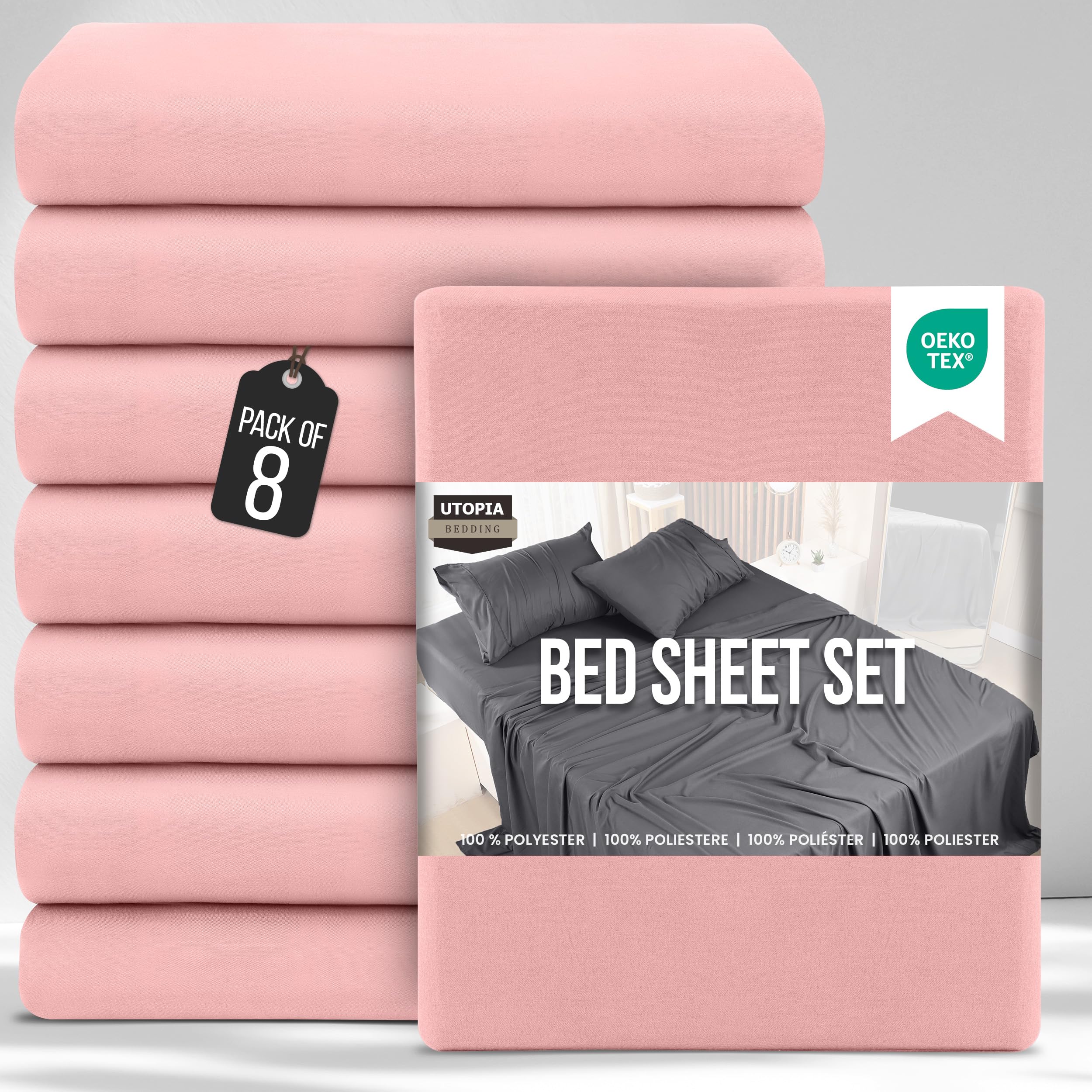 Utopia Bedding Bed Sheets Set Bulk Pack of 8 (Double, Pink) – Fitted Sheet, Flat Sheet with Pillow cases 50x75 – Wrinkle, Shrinkage & Fade Resistant – Soft Brushed Polyester Microfiber Fabric