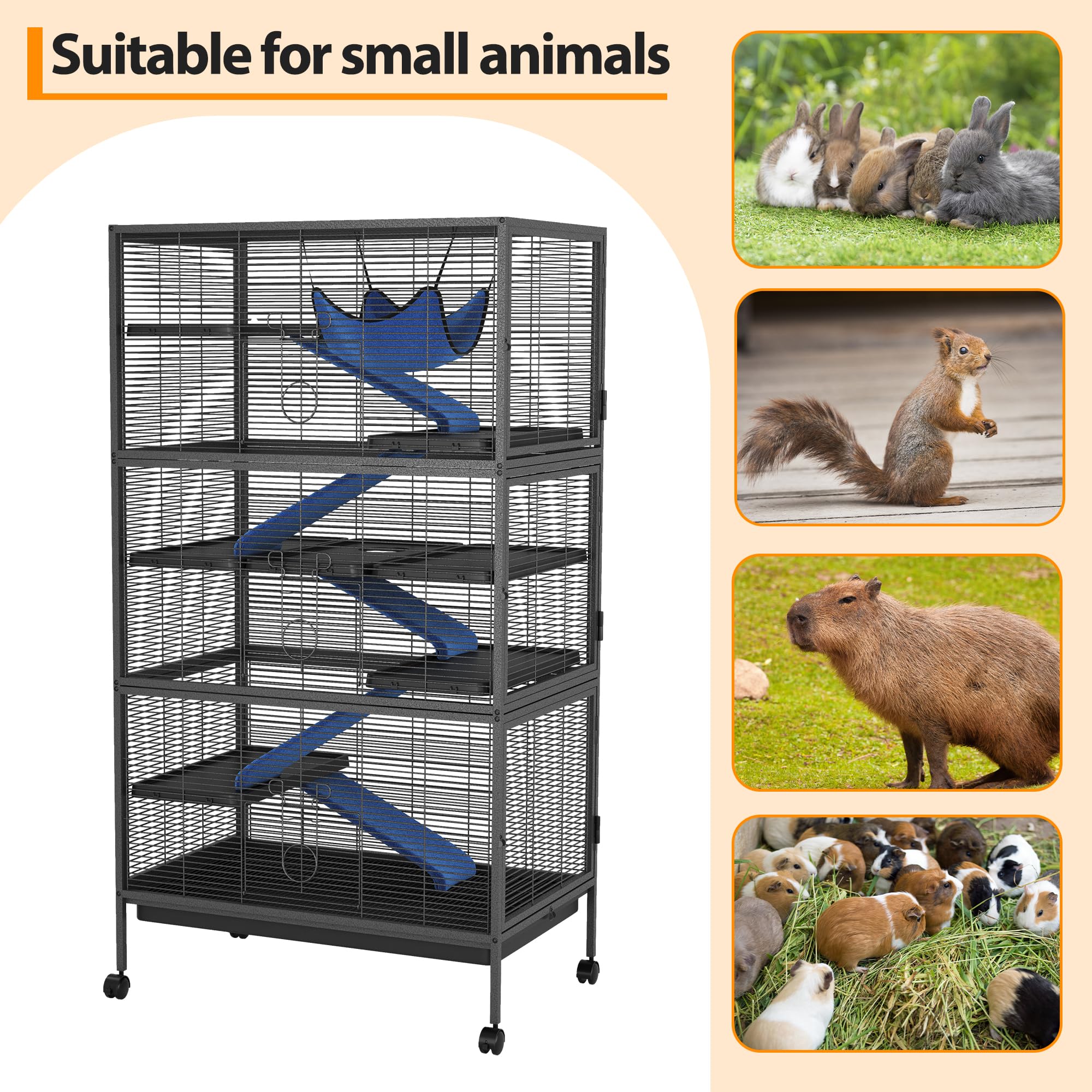 Jaula de roedor de 4 niveles con ruedas, jaula para animales pequeños, portátil, jaulas chinchilla con hamaca para conejo de rata cerdo, 128 x 88 x 55 cm