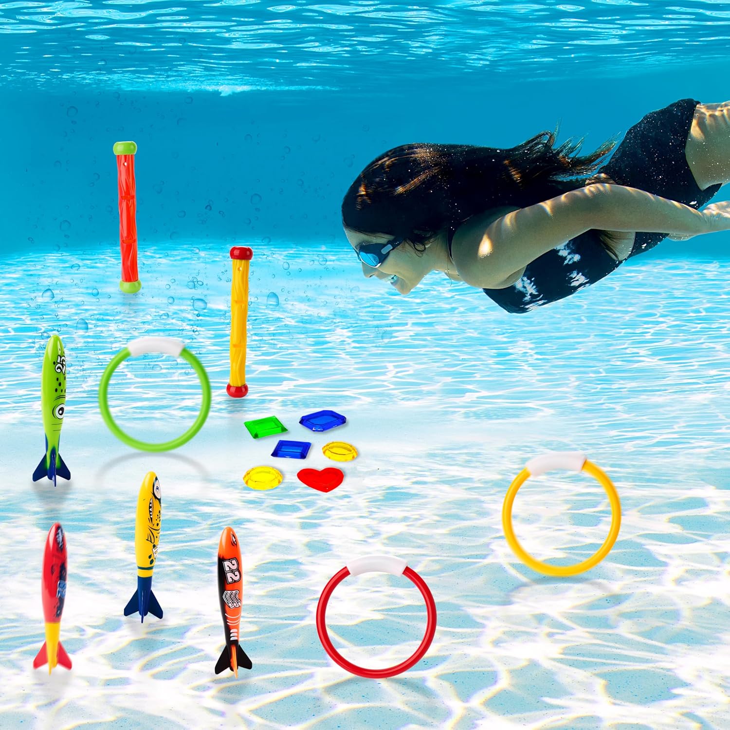 JOYIN 18Pcs Diving Pool Toys for Kids, Swimming Pool Toy with Storage Bag Includes 4 Pool Rings, 4 Diving Sticks, 4 Bandits, 6 Treasures Underwater Swim Pool Games for Ages 8-12