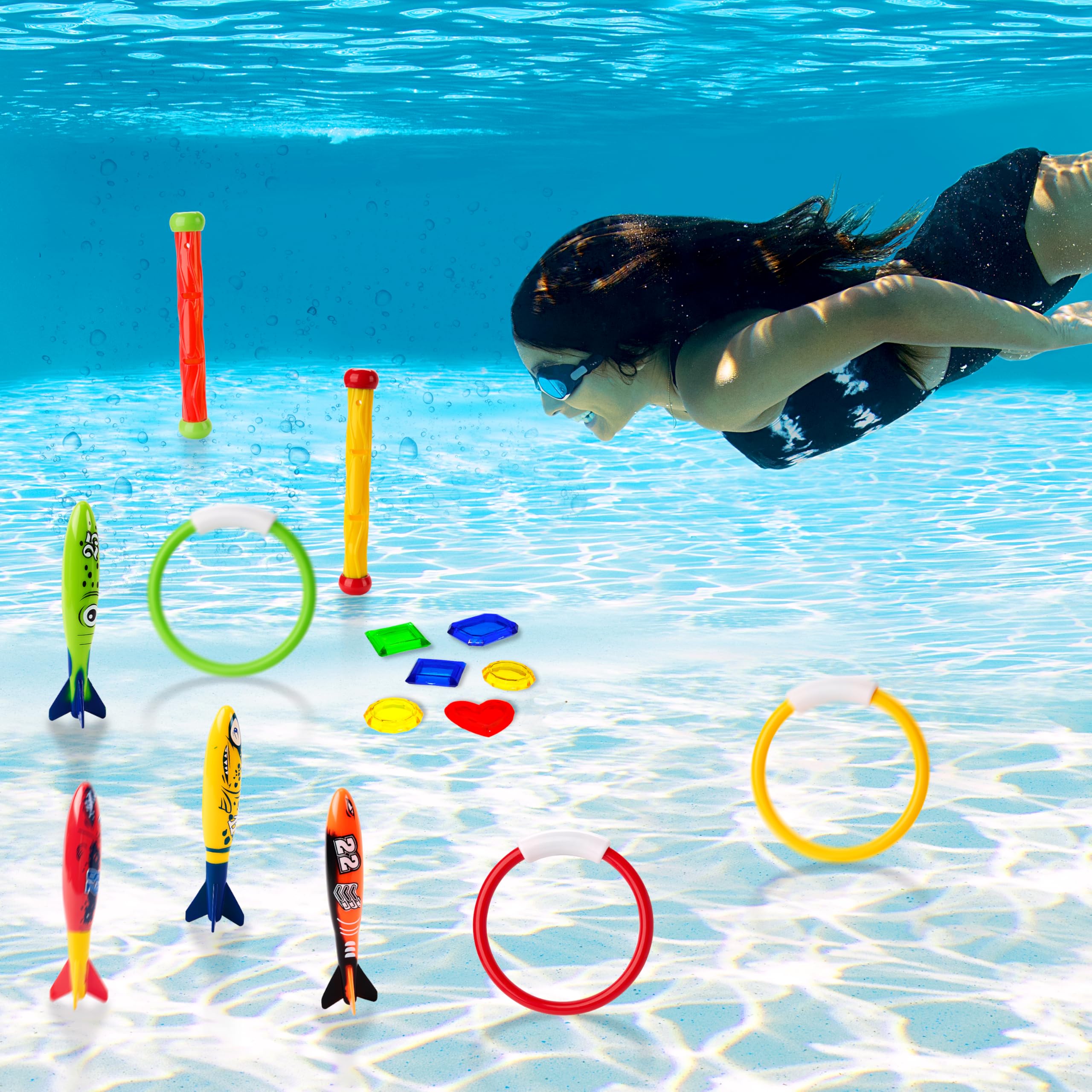JOYIN 18 Pcs Jouets de Plongée Jouets de Natation Piscine Jeux de Piscine Jouet Anneaux Plongée sous-Marine Bâtons de Plongée et Bandits de Toypedo avec Bundle Cadeau Trésors de l'eau