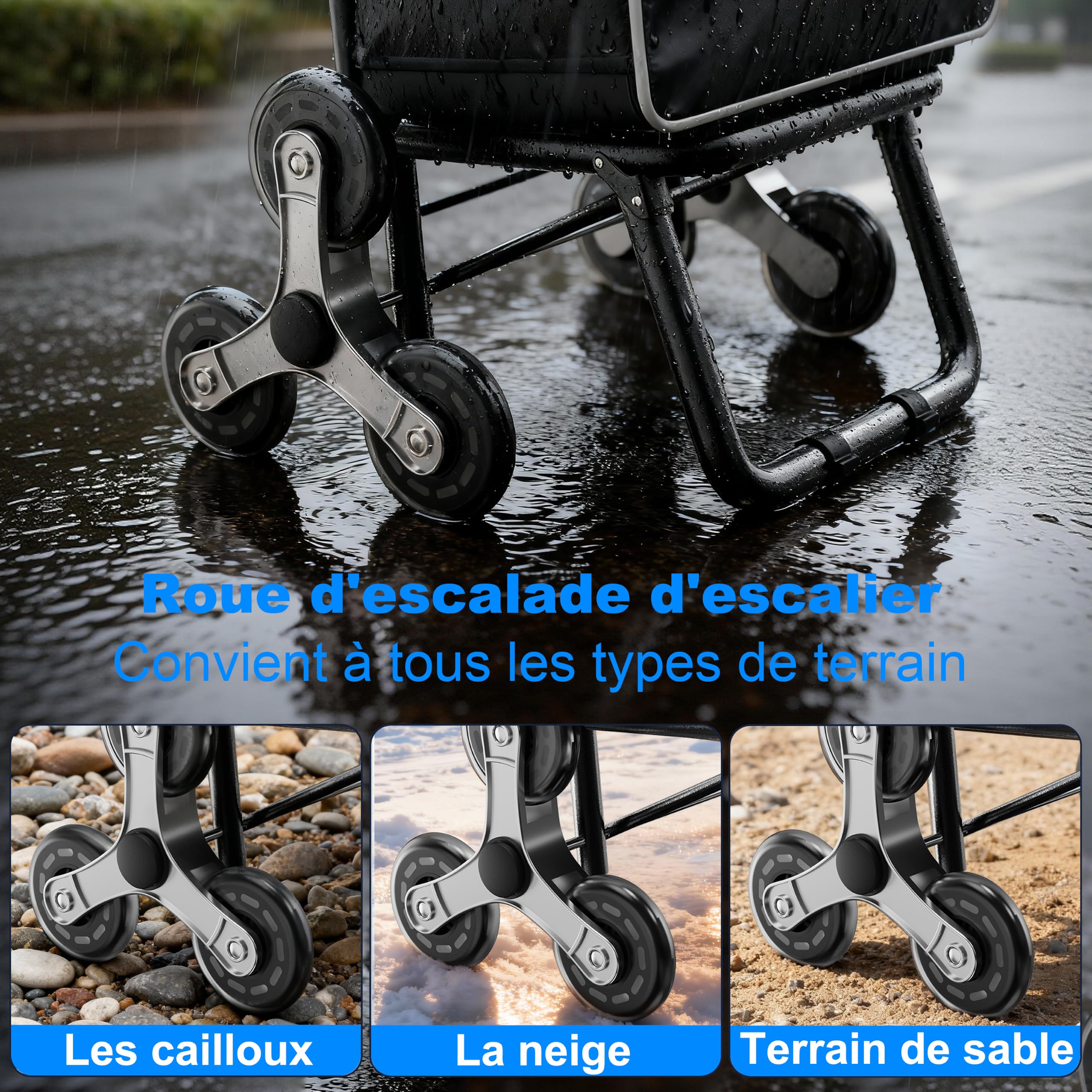 Chariot de Course Chariot marché, Panier d'épicerie Pliable léger avec capacité de 56L,Escalier grimpeur avec 6 Roues,50kg,Sac Oxford démontable (Noir S1)