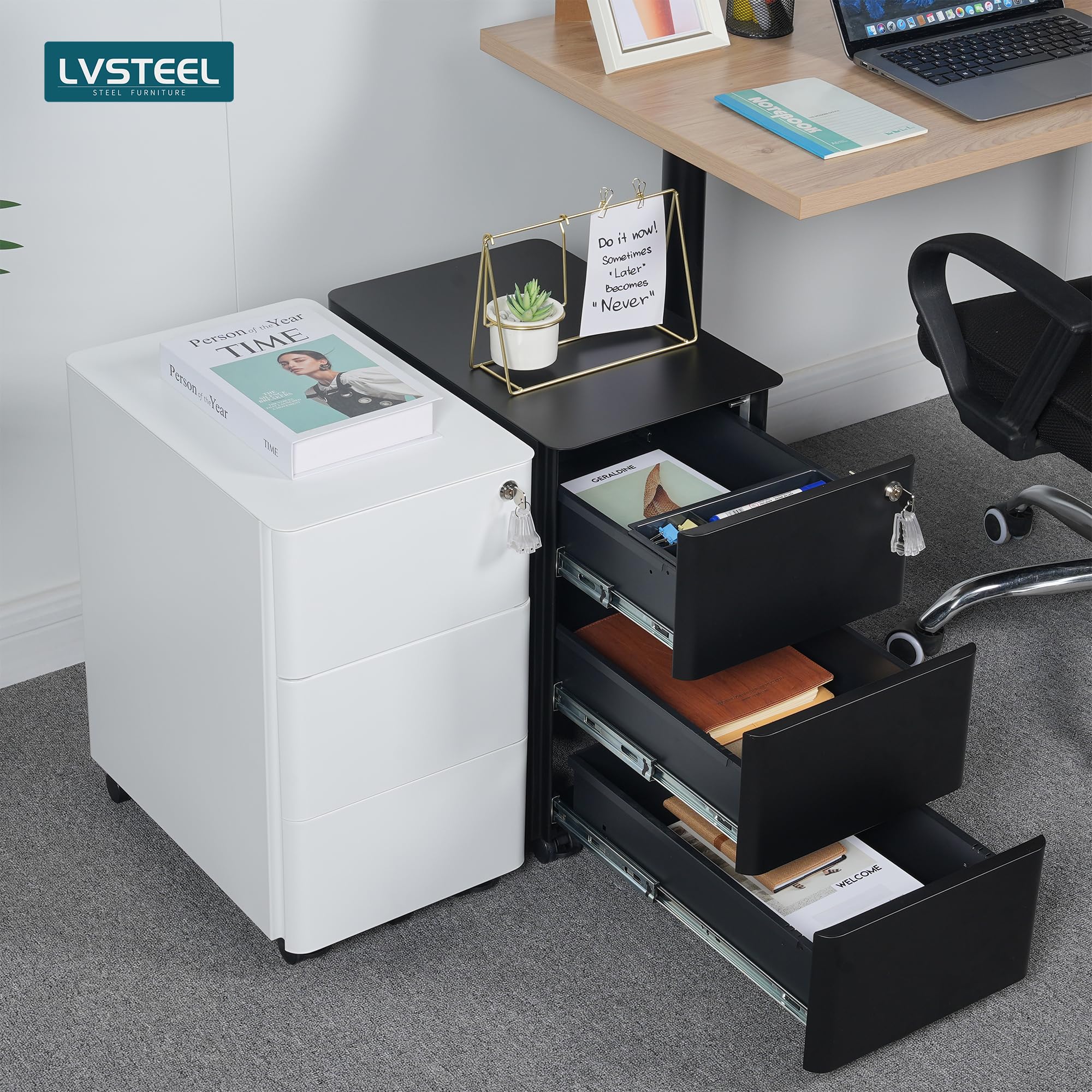 Caisson de Bureau Mobile, Verrouillable, 4 Clés, Meuble Tiroir Bureau, Caisson Tiroir, Rangement pour Documents et Papeterie, Blanc
