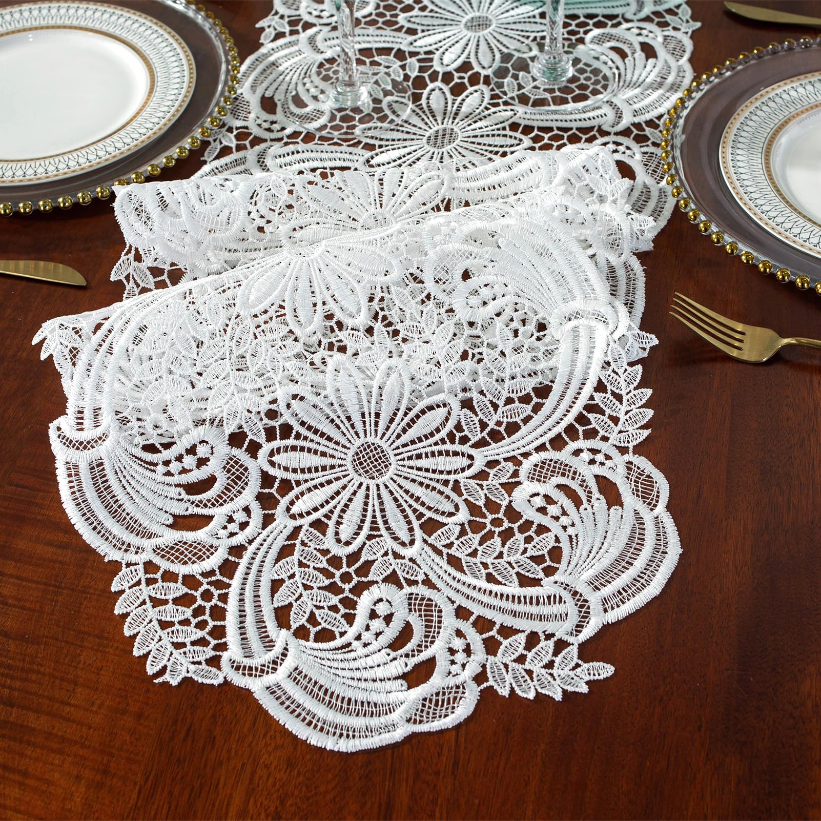 Auons Chemin De Table Blanc En Dentelle Au Crochet Brodée Avec Marguerites Florales - Décoration De Table Rustique Pour Maison, Mariage, Fête Prénatale, 30,5 X 139,7 Cm