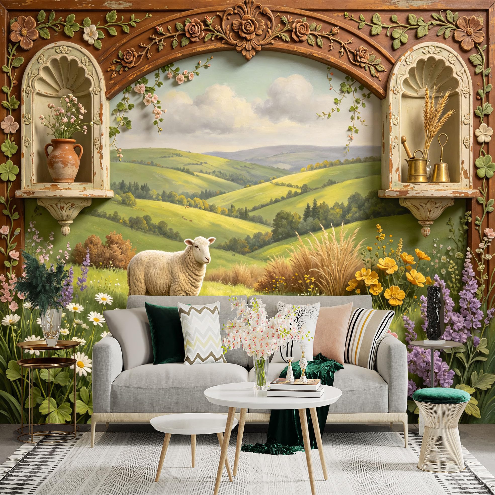 Custom Size Wall Sticker Mural， Rustic Countryside Landscape with Sheep， Wildflowers and Rolling Hills， for wall Decoration， peelandstick wall Decals.