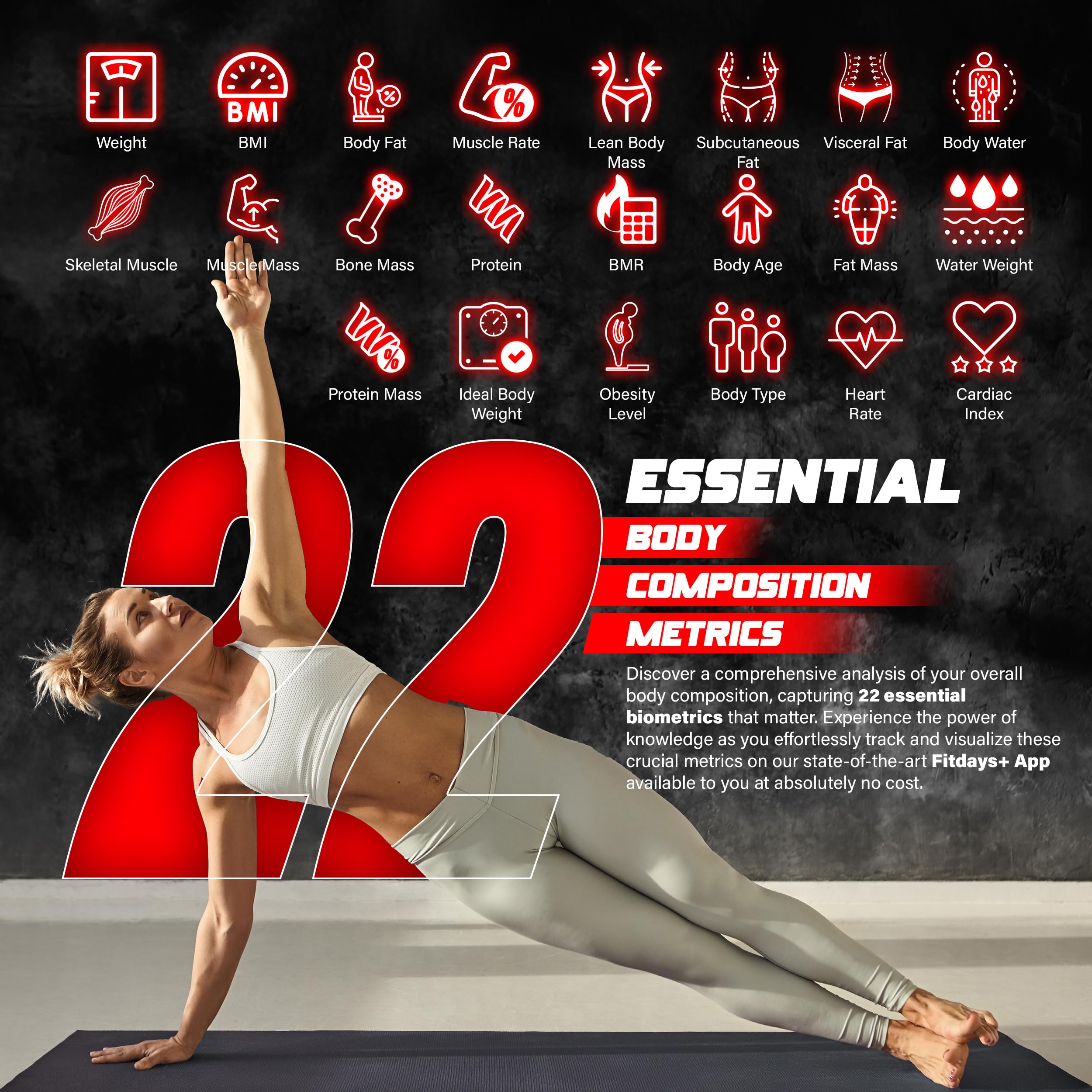 Pèse-personne numérique intelligent – ​​​​Conçu pour les amateurs de cardio, 22 métriques, y compris l'indice cardiaque, la fréquence cardiaque, la fréquence musculaire, la masse corporelle