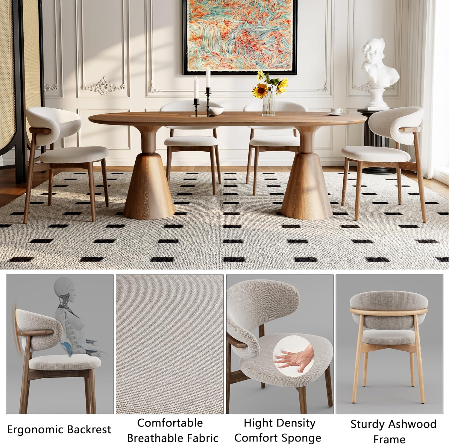 Solid Wood Dining Chairs Set of 2, Modern Upholstered Dining Chair with Curved Backrest, Natural Wood Legs (Oak, 18.11 in)