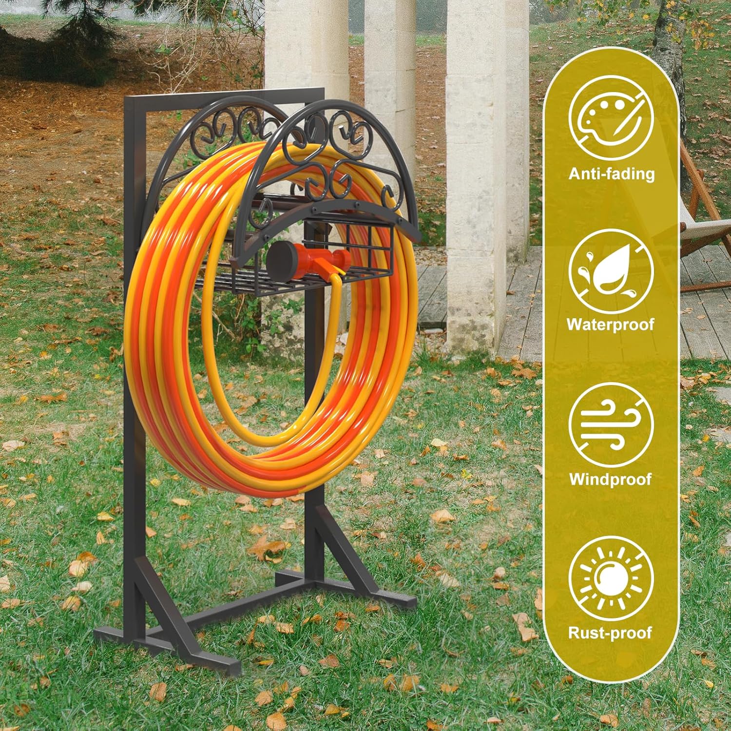 Heavy Duty Garden Hose Holder with Storage Basket, Detachable & Super Stable Water Hose Holder for Outside, Supports 150-Feet Hose, Perfect for Yard and Lawn