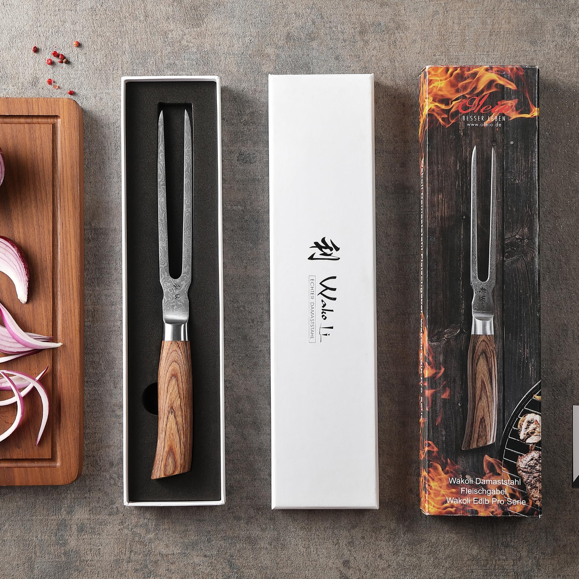 Wakoli EDIB PRO Fourchette à Découper en Damas, 18 cm, Manche en Pakka | professionnelle, acier damassé à 67 couches avec noyau VG10, pour viande et barbecue, gauchers et droitiers, coffret cadeau