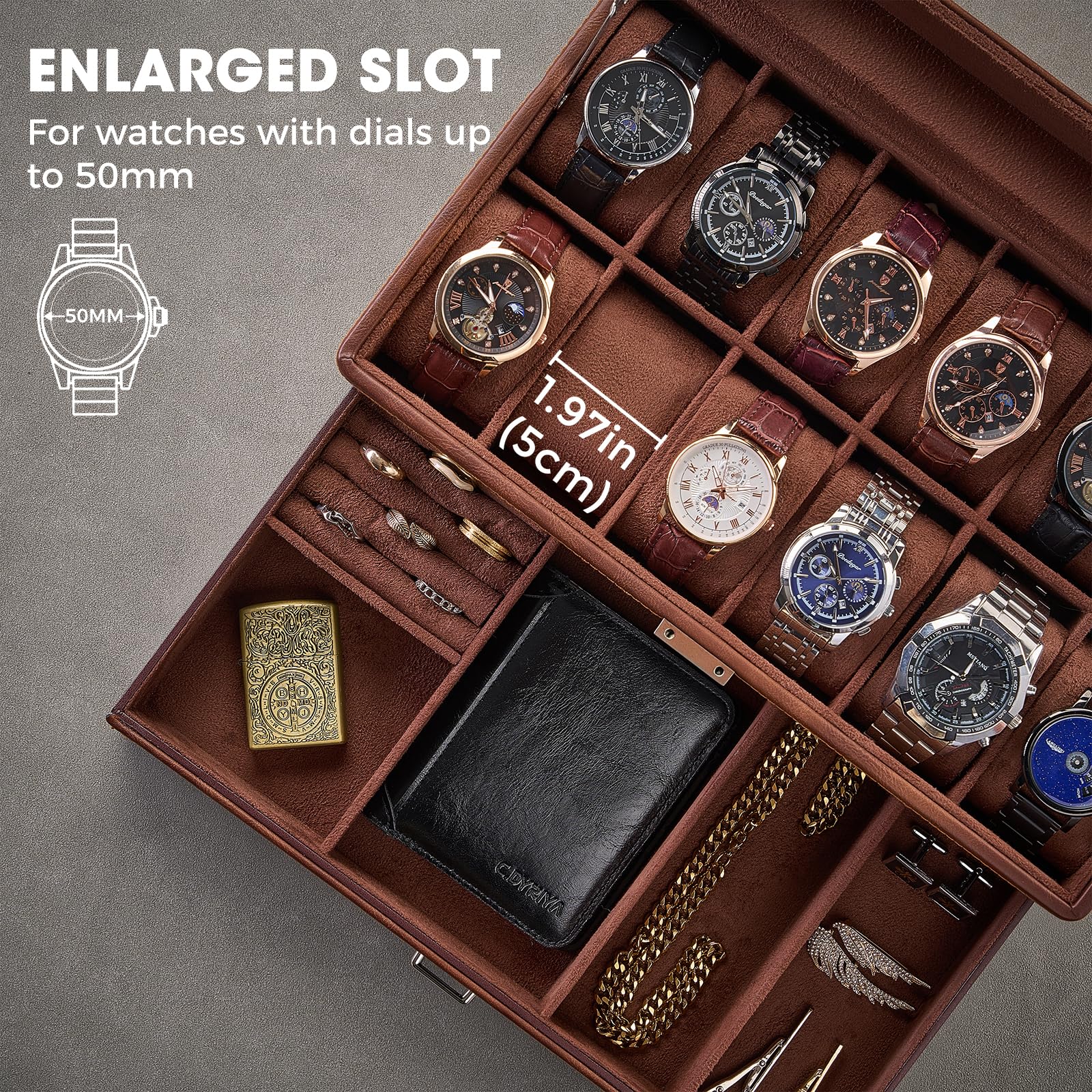 ProCase 12 Slot Uhrenbox für Herren，Uhrenkasten mit Schublade, Men’s Watch Box, Uhrenaufbewahrung Uhrenkoffer Uhrenschatulle - Braun