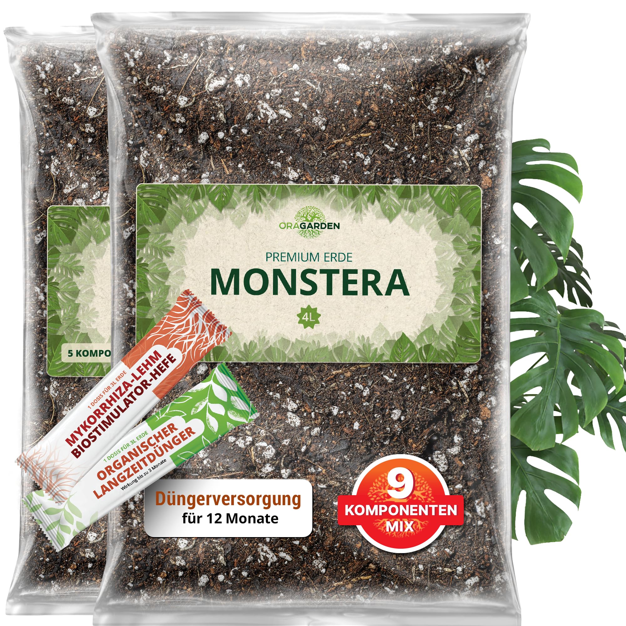 4L Monstera Erde Kit mit Dünger und Mykorrhiza für 12 Monate Pflegeset - Monstera Substrat mit Bodenaktivieren organisch Dünger für Pflanzen, Palmen, Blumen - 9 Komponenten Blumenerde