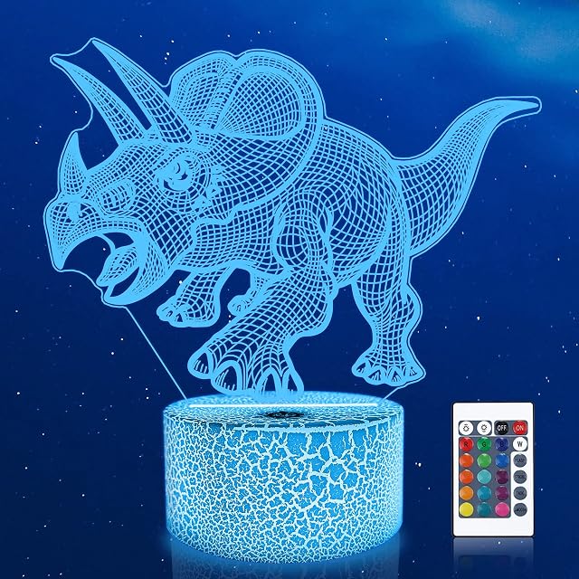 Ammonite Dinozaur lampka nocna dla dzieci, trikaratops 3D lampka nocna z pilotem 16 zmieniających się kolorów Boże Narodzenie Halloween prezent urodzinowy dla dziecka chłopca