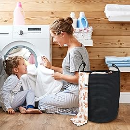 XUANGUO Black Cotton Rope Laundry Basket Hamper for Clothes Woven Storage Basket for Living Room Bedroom Boho Tall Rope Baskets for Blanket Toys Pillow Towels Baby Nursery Hamper Bin Large