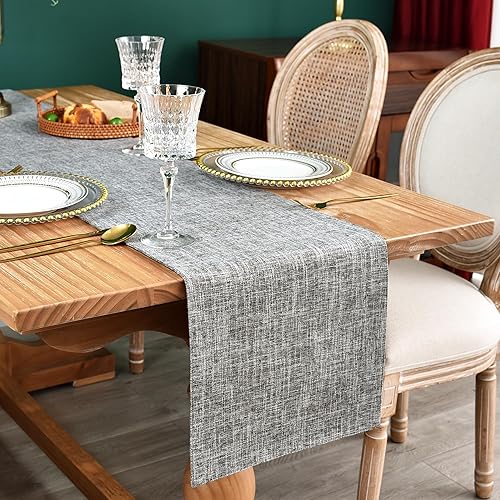 Camino de mesa rústico de lino sintético, color gris neutro, doble capa, reversible, rectangular, para uso diario, cocina, comedor, banquete,